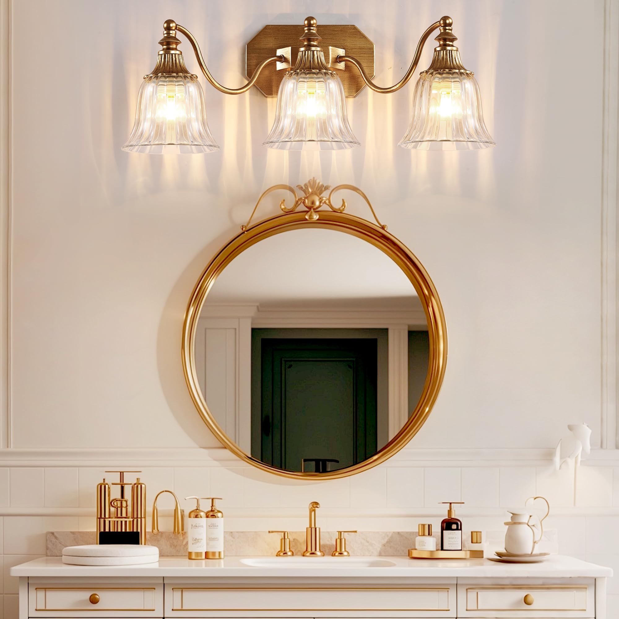 DvmTeom 3-Light Vintage Bathroom Vanity Light Fixture, Antique Brushed Gold with Crystal Glass Shade, Model D6001