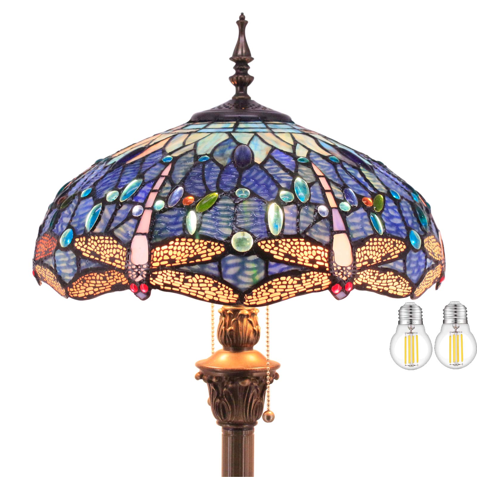 WERFACTORY Tiffany Floor Lamp Dragonfly Blue Cloud Stained Glass Standing Reading Light 16X16X64 Inches Antique Pole Corner Lamp