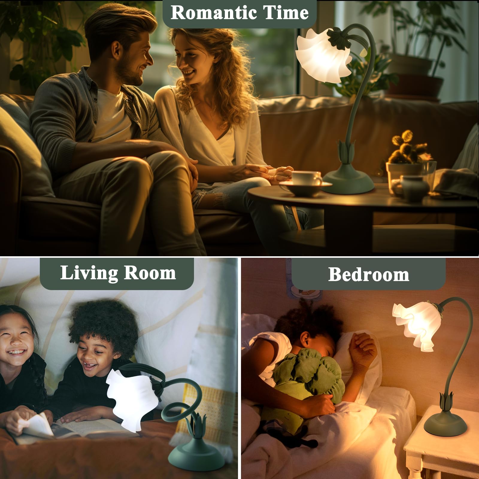 GUIGUZHJ Flower Table Lamp, Vintage 3 Level Brightness, Green White, E26 Bulb, Cute Desk Lamp for Bedroom and Living Room Ambient Lighting