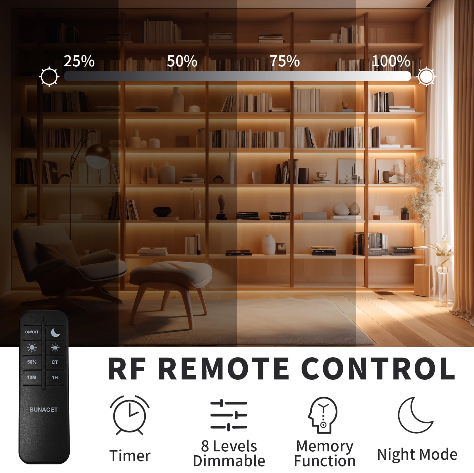 BUNACET 80FT COB LED Strip Light Warm White Dimmable 3000K with RF Remote and Power Adapter, Model BNT-DE-LED-Lights