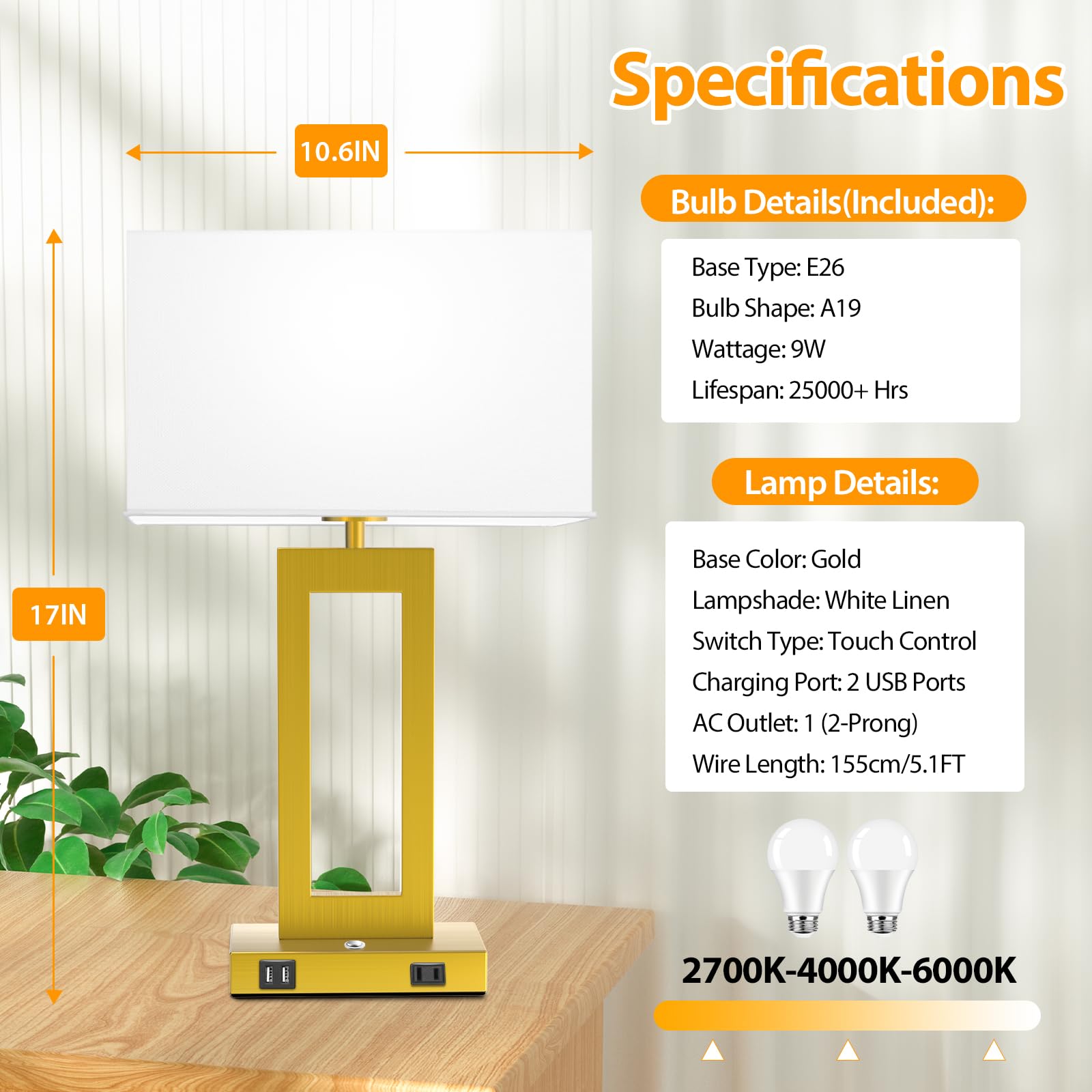 Kondras 3 Color Temperatures Touch Control Table Lamps Set Of 2, Stepless Dimmable Bedside Lamps With 2 Usb Ports&Ac Outlet, Mod