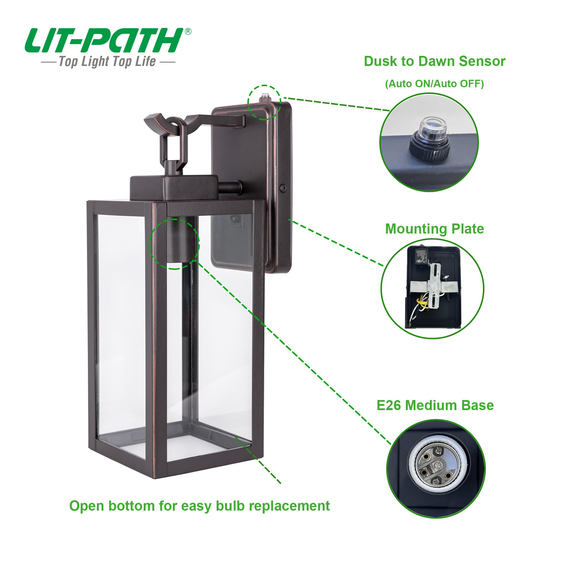 LIT-PaTH Dusk to Dawn Outdoor Wall Lantern, Wall Sconce as Porch Lighting Fixture, E26 Medium Base Max 60W, Anti-Rust Metal with