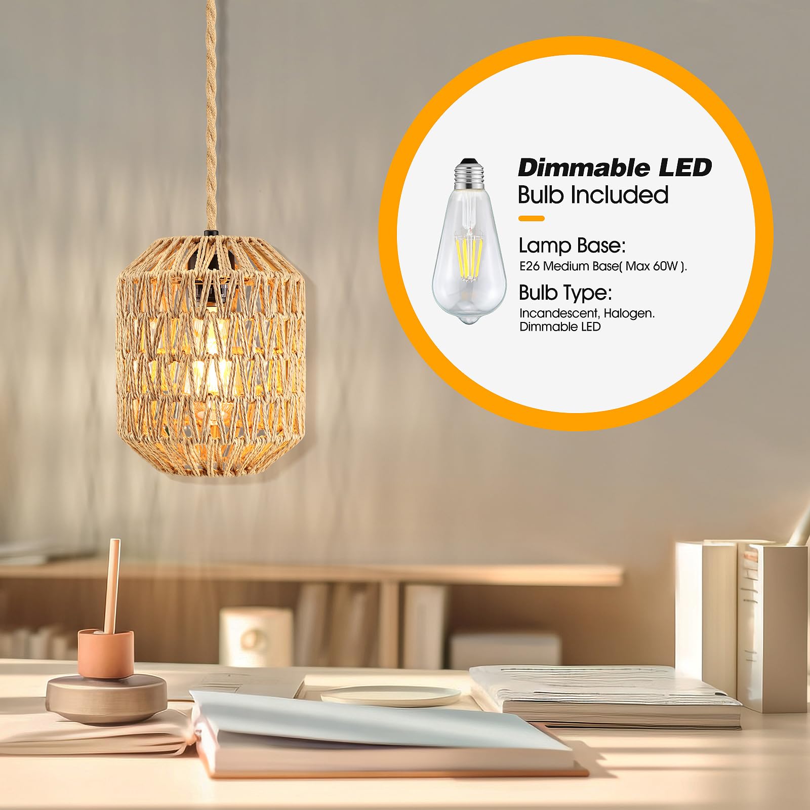 Plug In Pendant Light, 15Ft Hemp Rope Cord,Hanging Lights With Plug In Cord Dimmable Rattan Hanging Lamp Wicker Woven Basket Lampshade, Industrial Plug In Ceiling Light Fixture For Kitchen (Brown)
