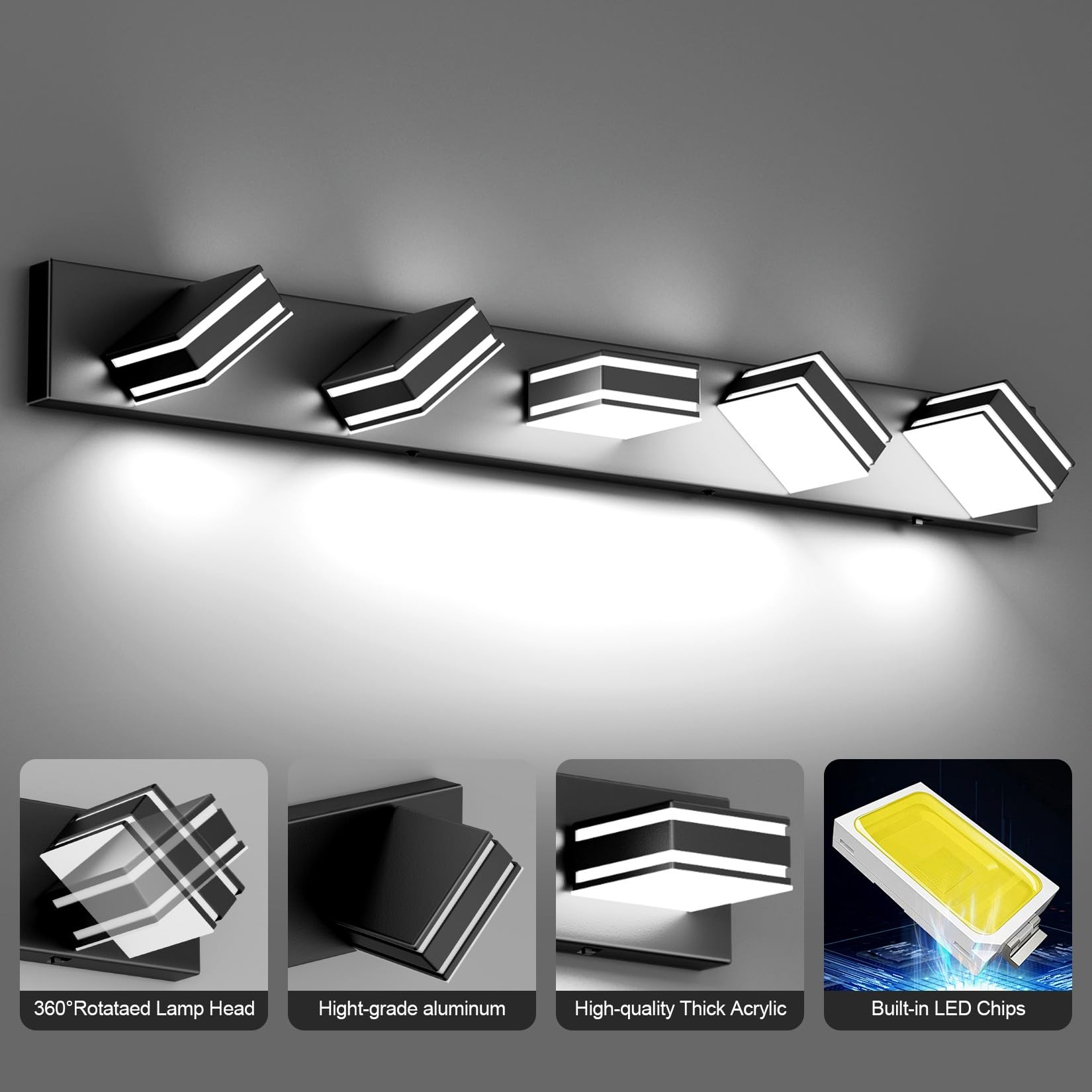 Ralbay 5-Light Dimmable LED Vanity Light - 40.5" Matte Black, 5 Color Temperatures (3000K-6000K) - Modern Bathroom Lighting, Model