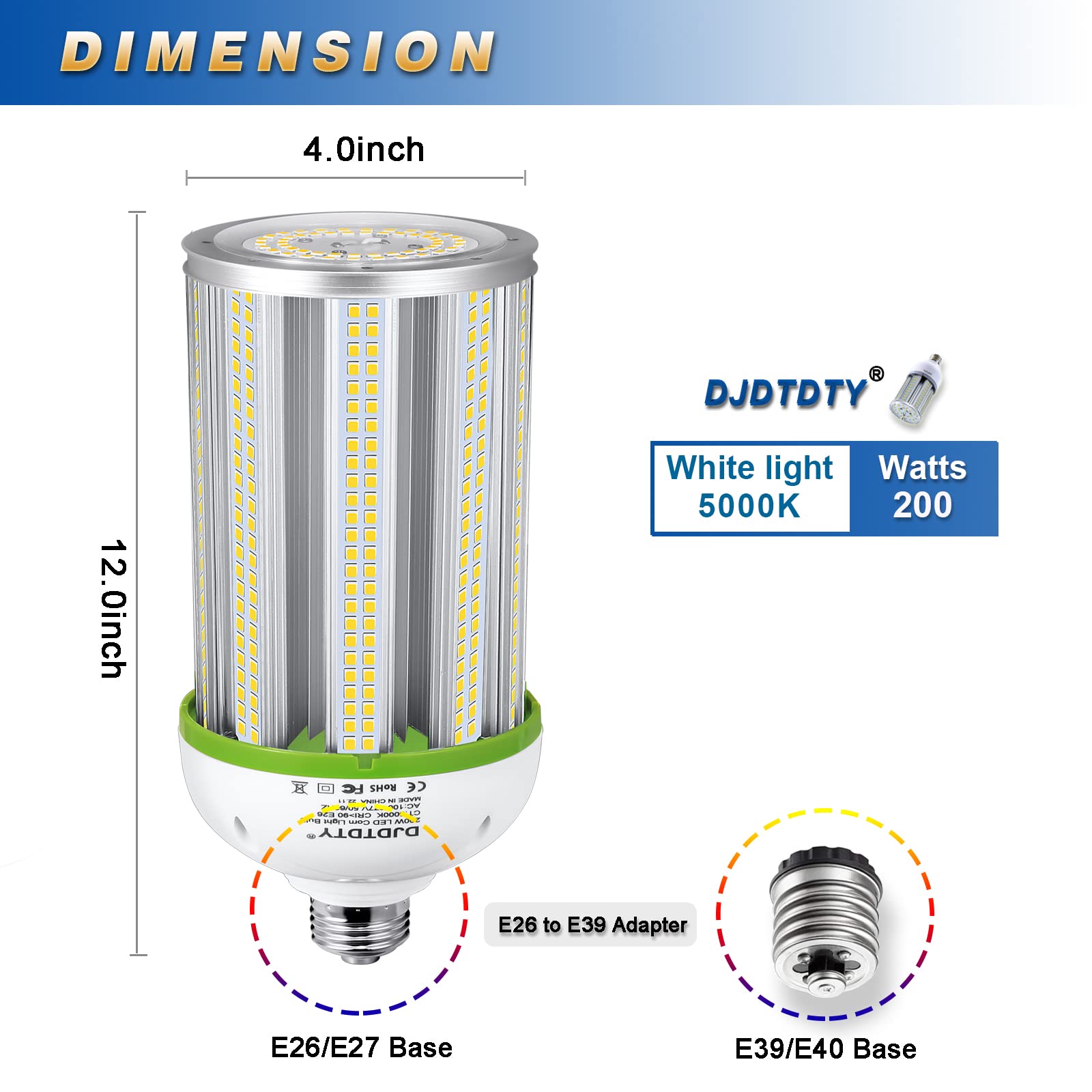 DJDTDTY LED Corn Light Bulb, 200W, 20000 Lumen, E26 Base, 5000K Daylight, Aluminum, Indoor/Outdoor Use