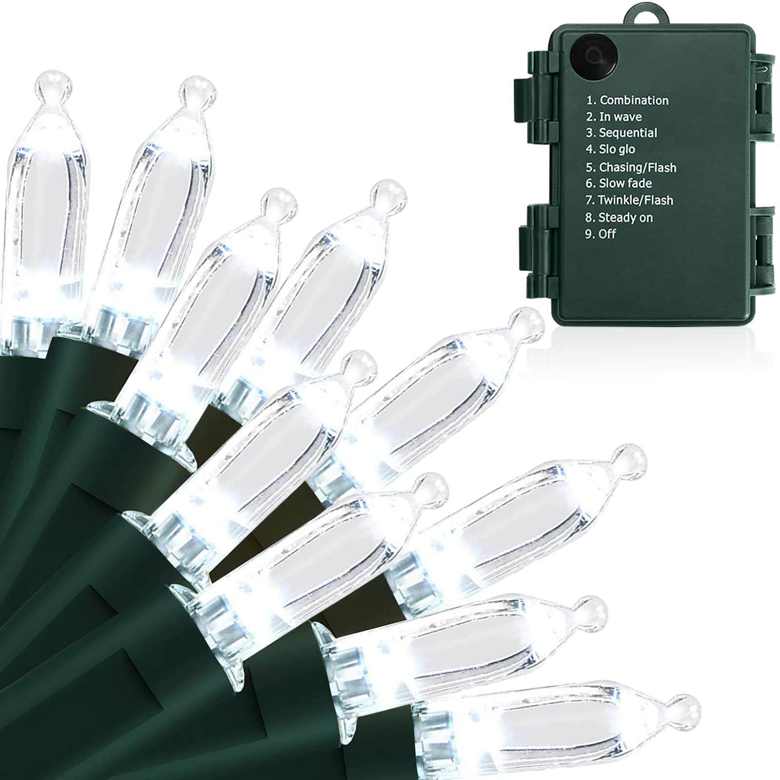 KOUQIYA Battery Operated String Lights, 100 LED, 33ft, Cool White, Waterproof, 8 Modes, Auto-Timer, Model LLP100CWUS