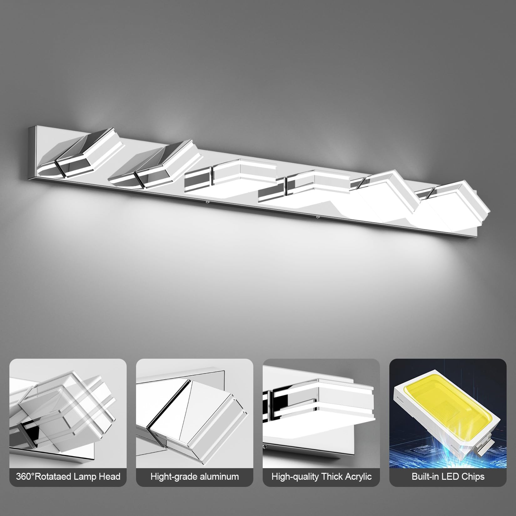 Ralbay Chrome Bathroom Vanity Light Fixtures 48Inch 6-Light Acrylic Chrome Modern Led Bathroom Wall Vanity Lighting Fixtures Ove