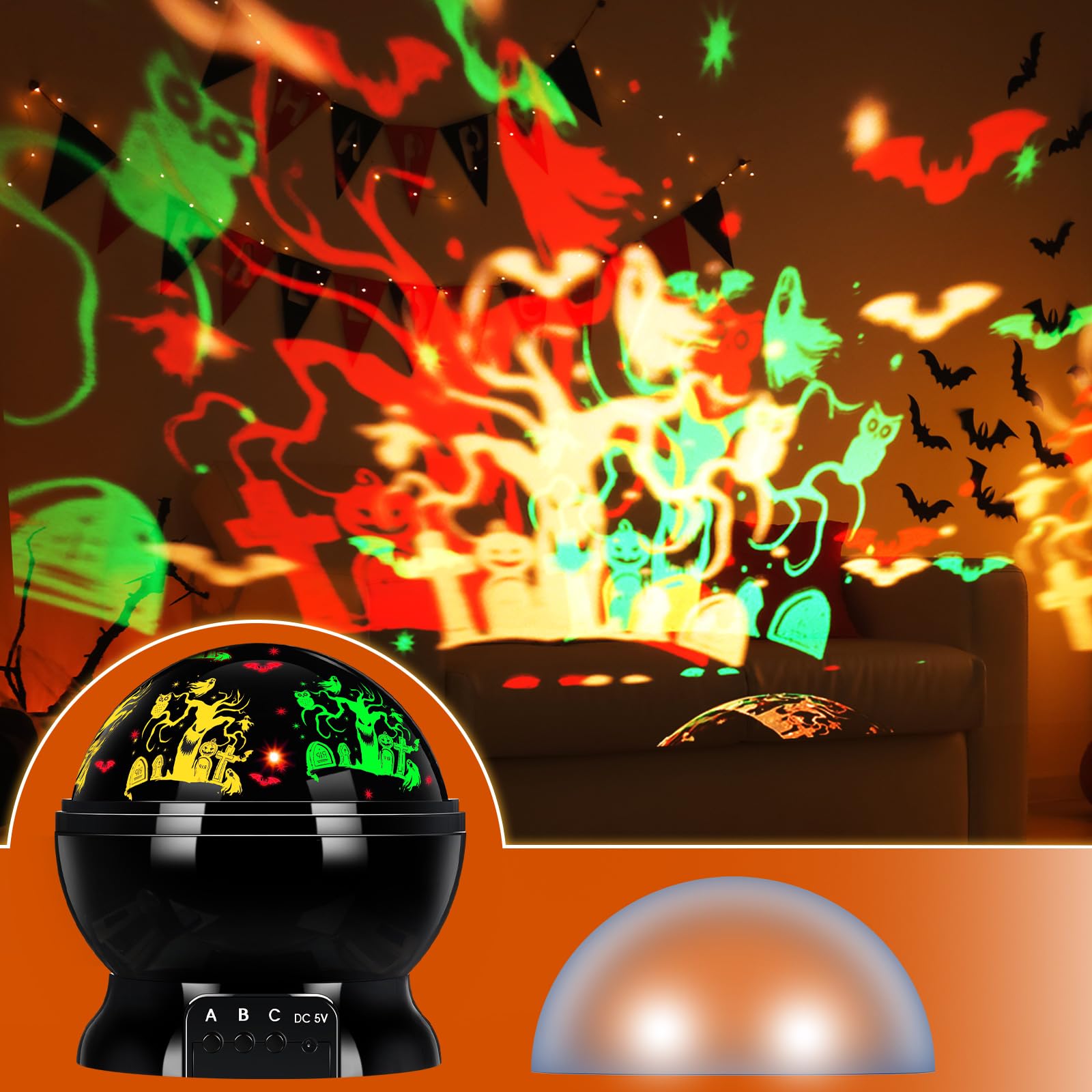 Rossesay Halloween Projector Lights Indoor Halloween Projection Light LED Spooky Ghost Bat Owl Pumpkin Decorative Outdoor Lighti