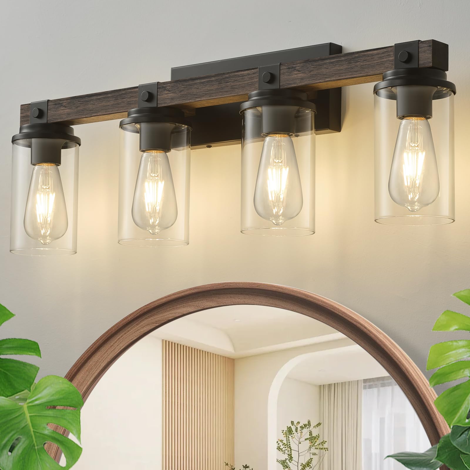 Goyeel 4-Light Farmhouse Bathroom Vanity Light - Rustic Wooden Sconces For Mirror & Hallway