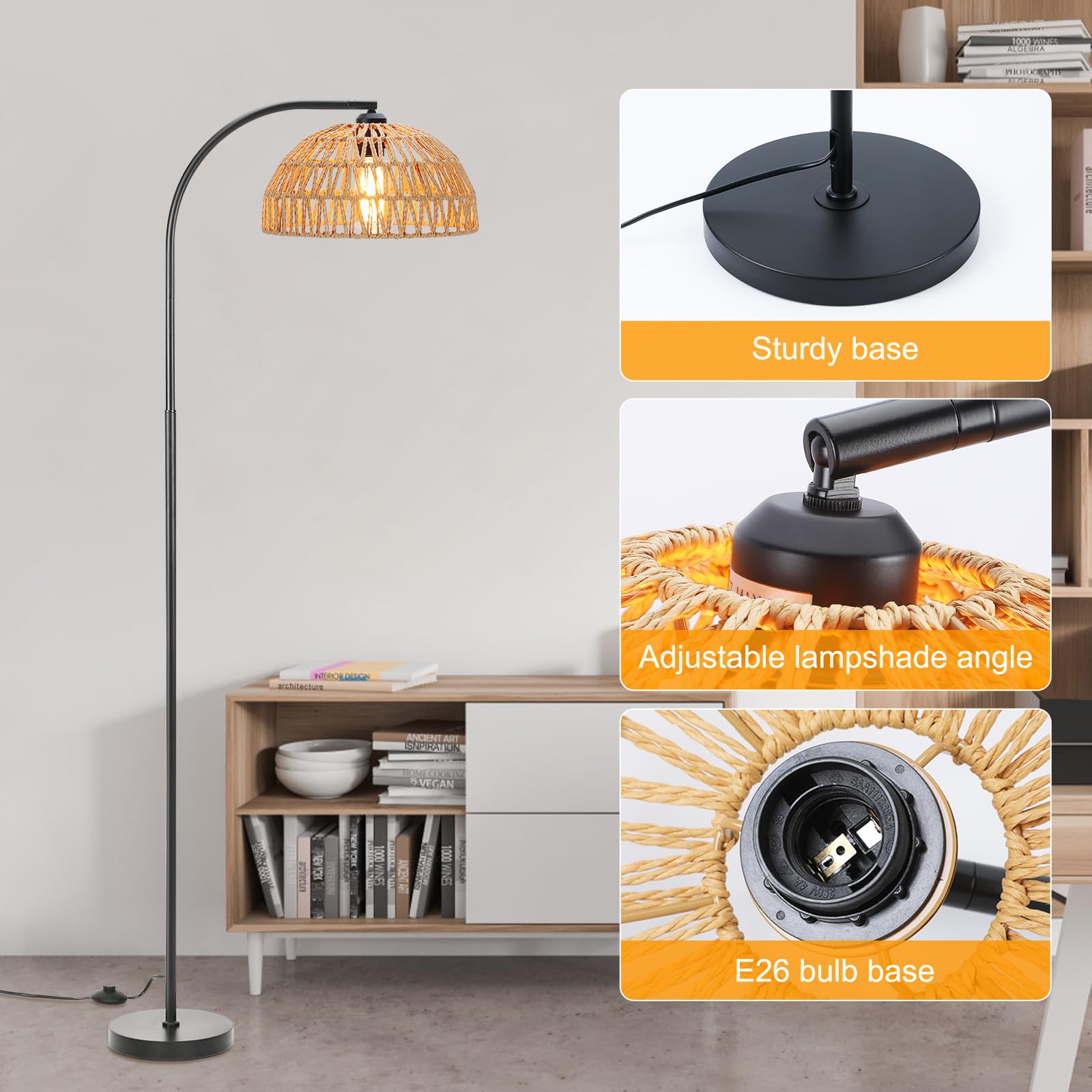 Oyxon Boho Arc Floor Lamp For Living Room With Rattan Lampshade, 65In Farmhouse Vintage Tall Lamp With Foot Switch, Bohemian Sta