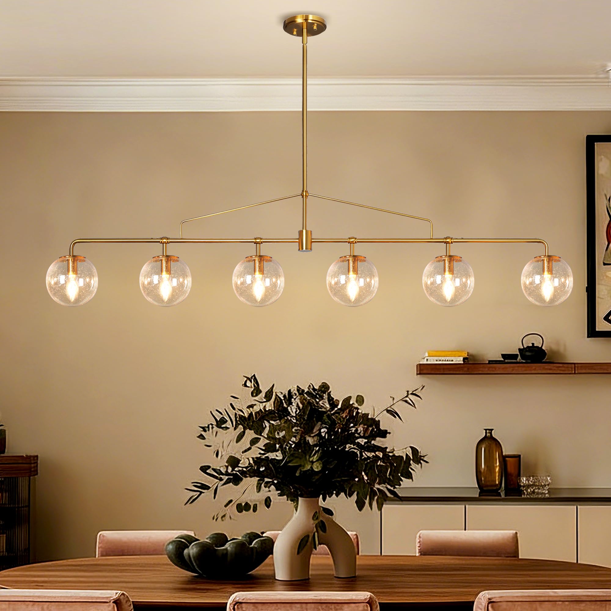 Lzawvm Gold Linear Chandelier 6 Lights Mid Century Modern Dining Room Chandelier Kitchen Island Pendant Light with Seeded Glass 