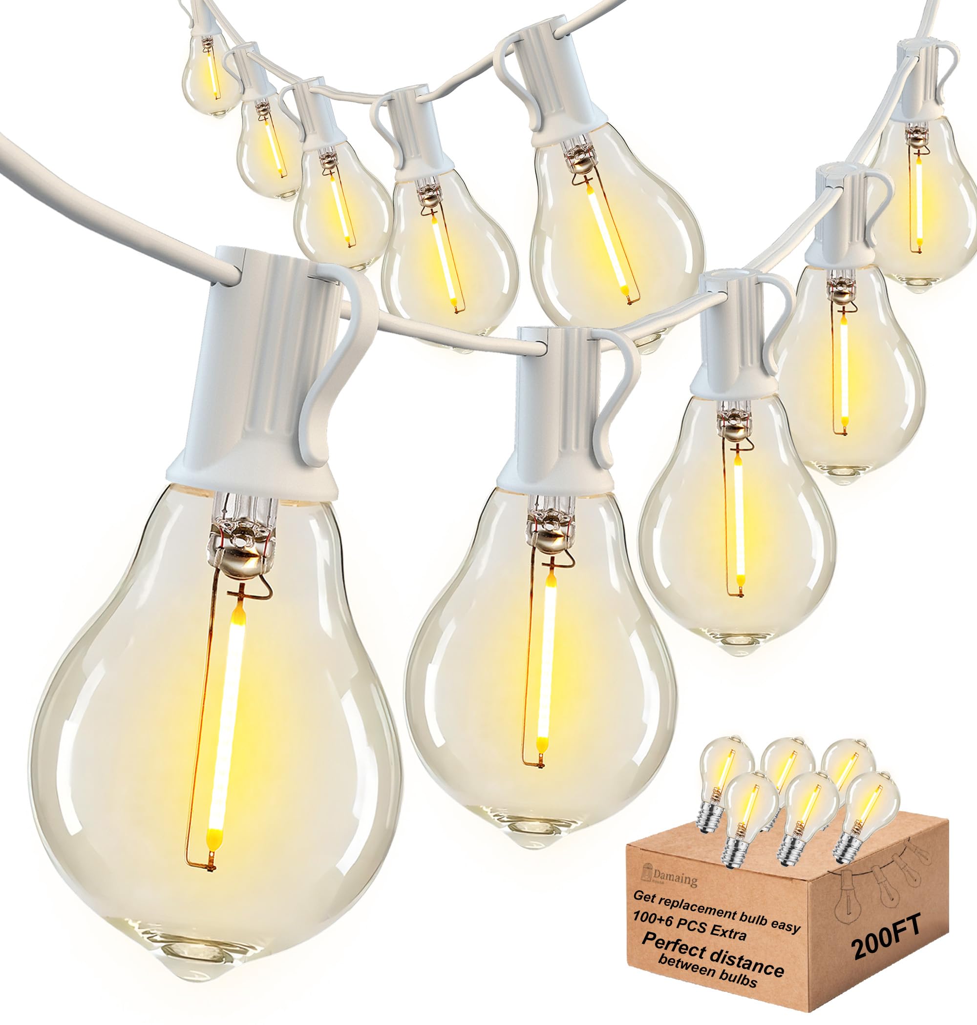 DAMAING Outdoor String Lights 200FT(2x100FT) Waterproof Patio Lights with 105 Plastic Dimmable LED Edison Bulbs,Connectable Outd