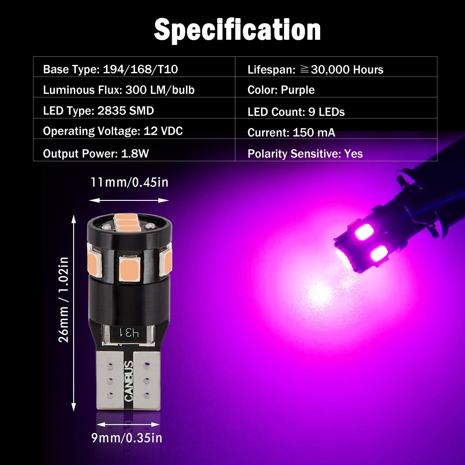 BRISHINE LED Bulbs 194 168 2825 W5W T10, 300LM, Purple, 9-SMD 2835 Chipsets, Pack of 4