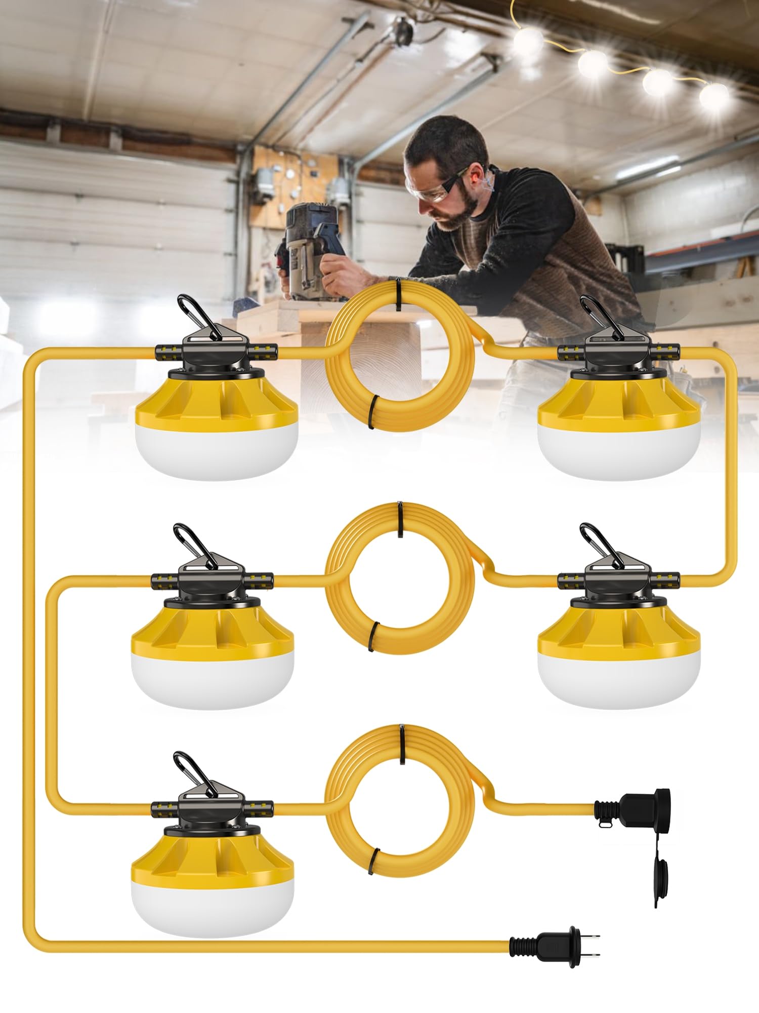 HYPERLITE Construction String Lights: 50FT 5 Bulbs Work Lights with Climbing Hooks - IP65 Waterproof Linkable LED Industrial Tem