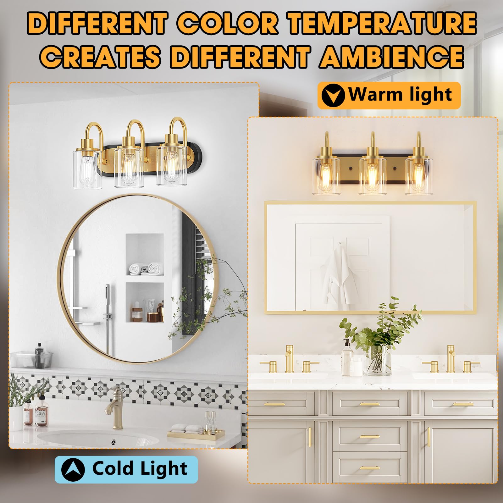 Baocuz 3-Light Black And Gold Vanity Light, Mid Century Brushed Gold Bathroom Light Fixtures Over Mirror With Clear Glass Shade