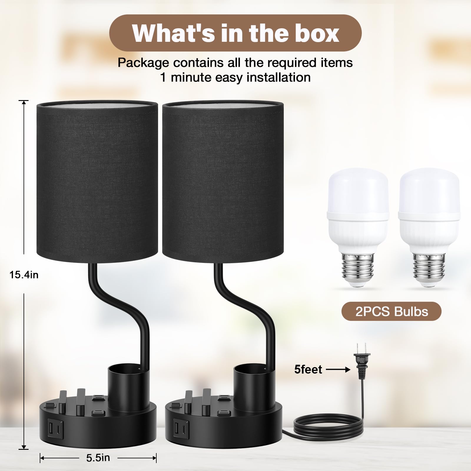 Black Bedside Table Lamps For Bedroom Set Of 2 - Nightstand Light With Ac Outlet And Usb A & C For Charging, 3 Color Temperature