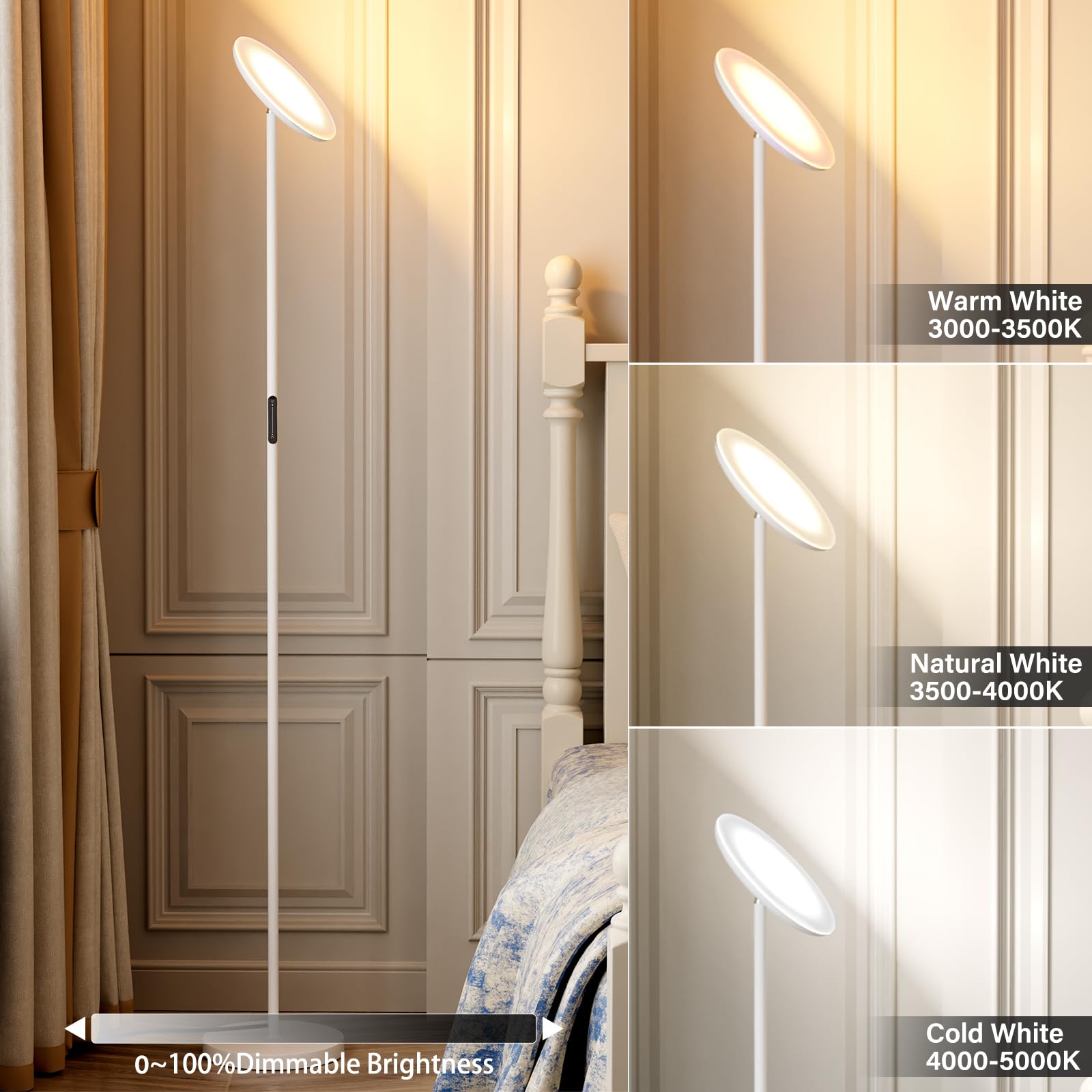 PreeOtti Modern LED Floor Lamp - Remote & Touch Control, Dimmable, 3 Color Temps, Large, White