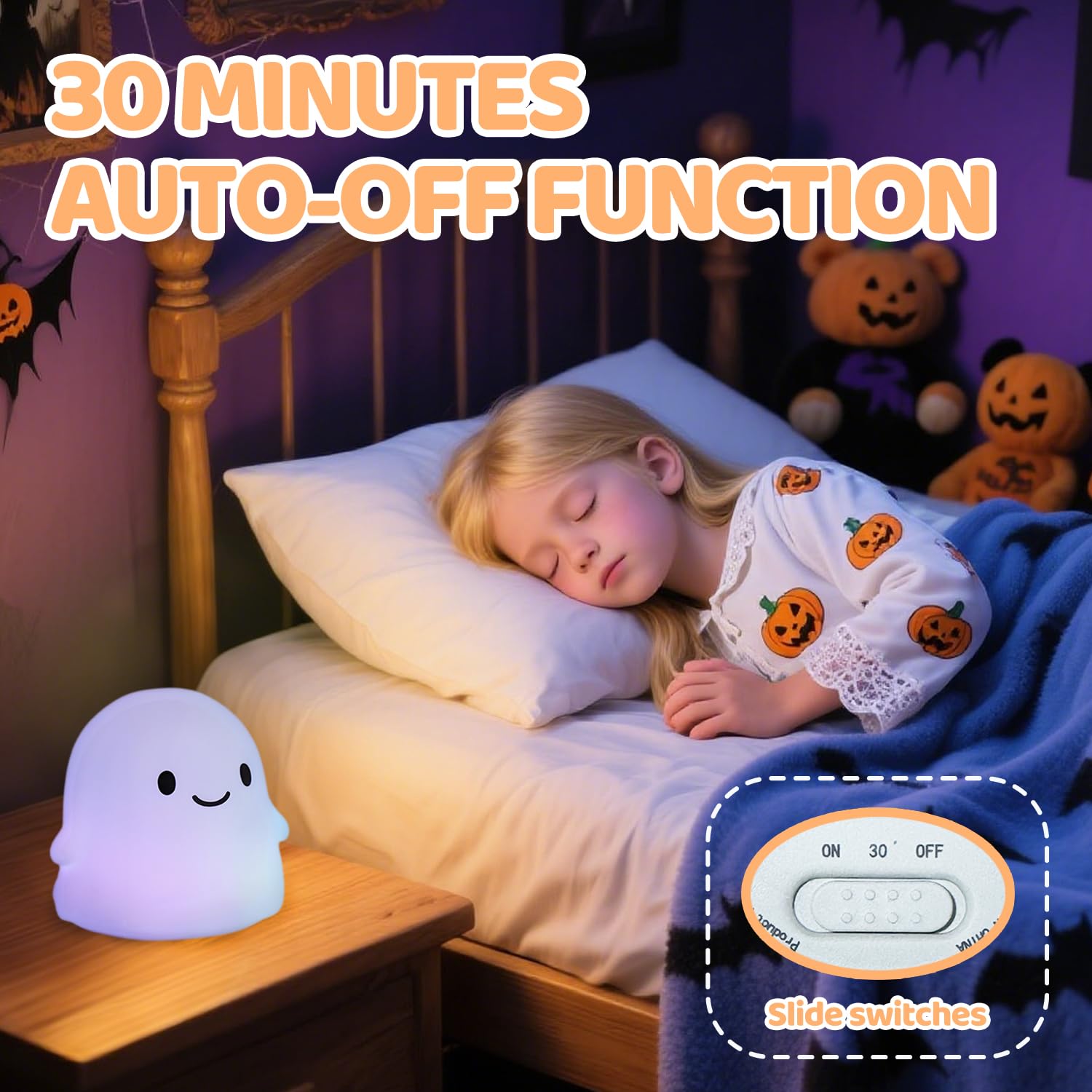 Rytinazzz Halloween Ghost Night Light, Dimmable Silicone Lamp, Rechargeable, Colorful Ghost, Model LH-YL-Ghost-04