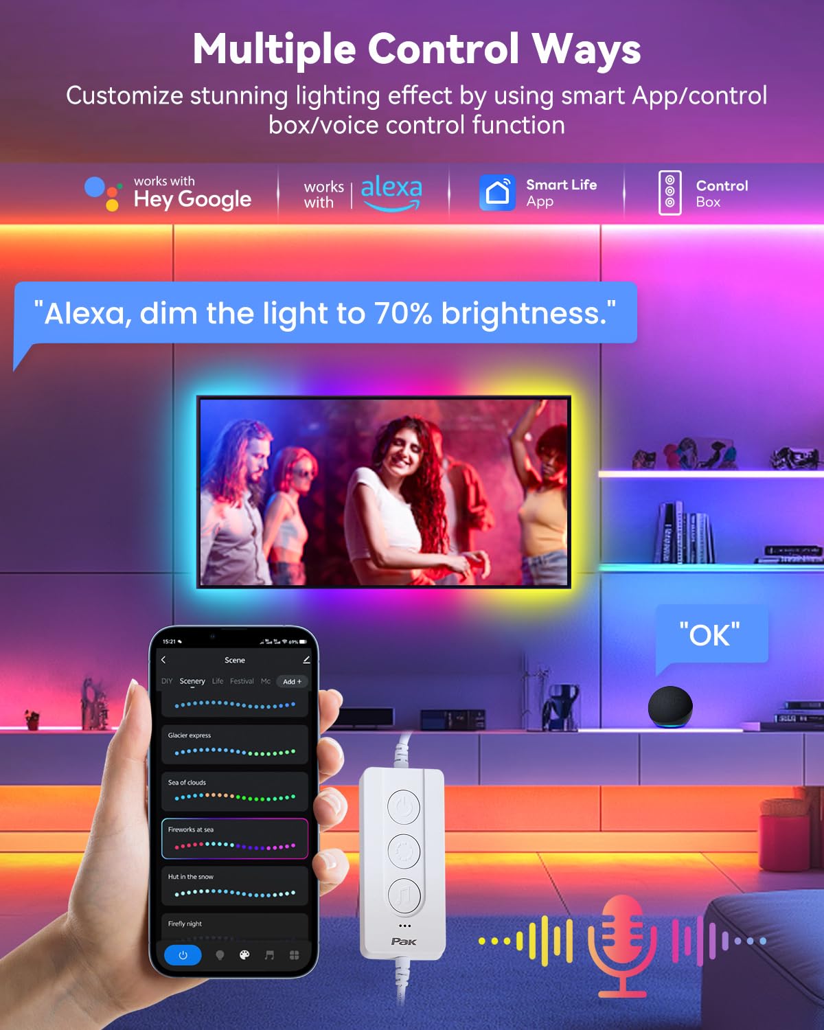 Pak Led Tng Pak LED Strip Lights 104ft, RGBIC Color Changing, Smart App & Voice Co ...