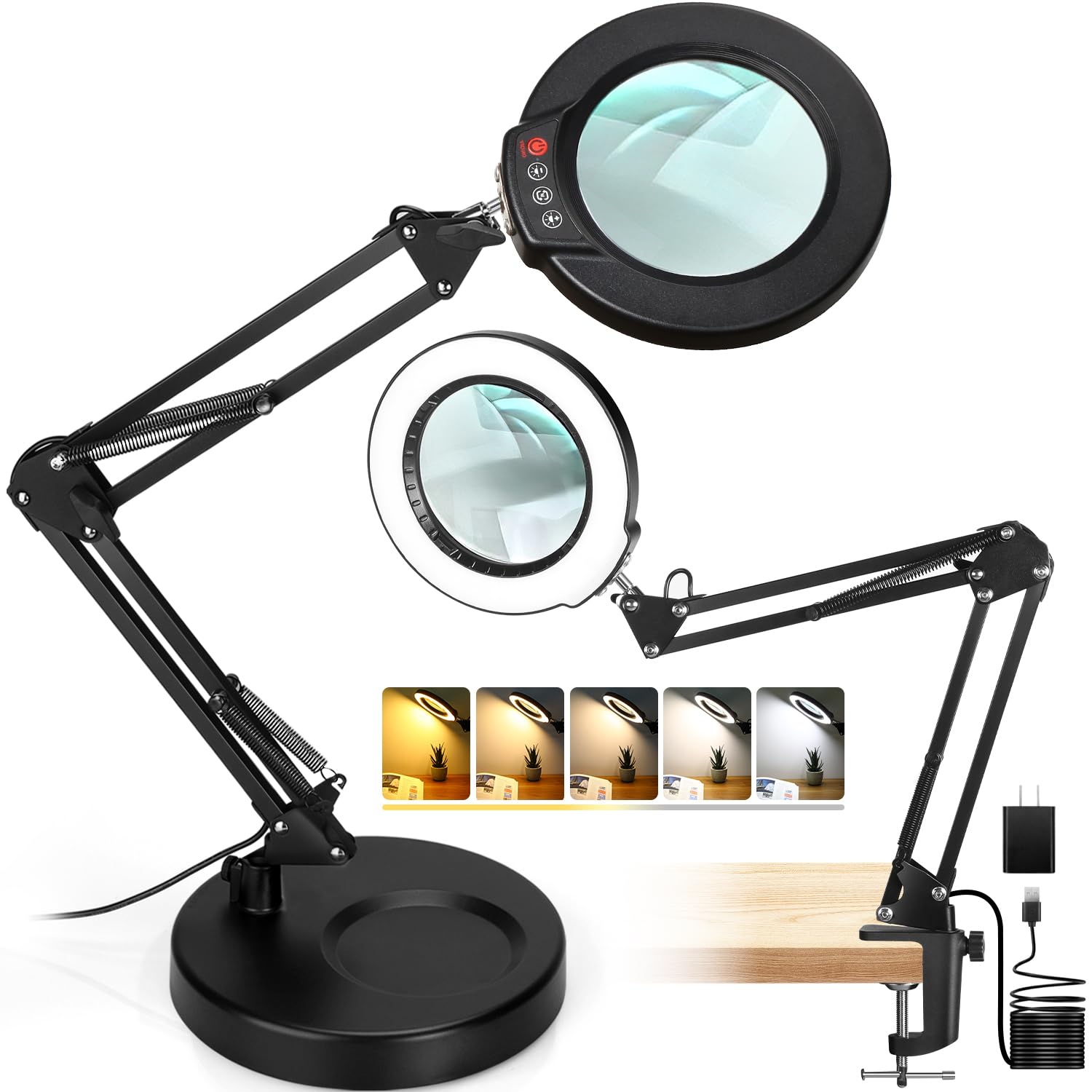 Seylae 2-in-1 Desk Lamp & Clamp Light, 10X Magnifying Glass with Light and Stand, 5 Color Modes, Brightness Stepless Dimmable LE