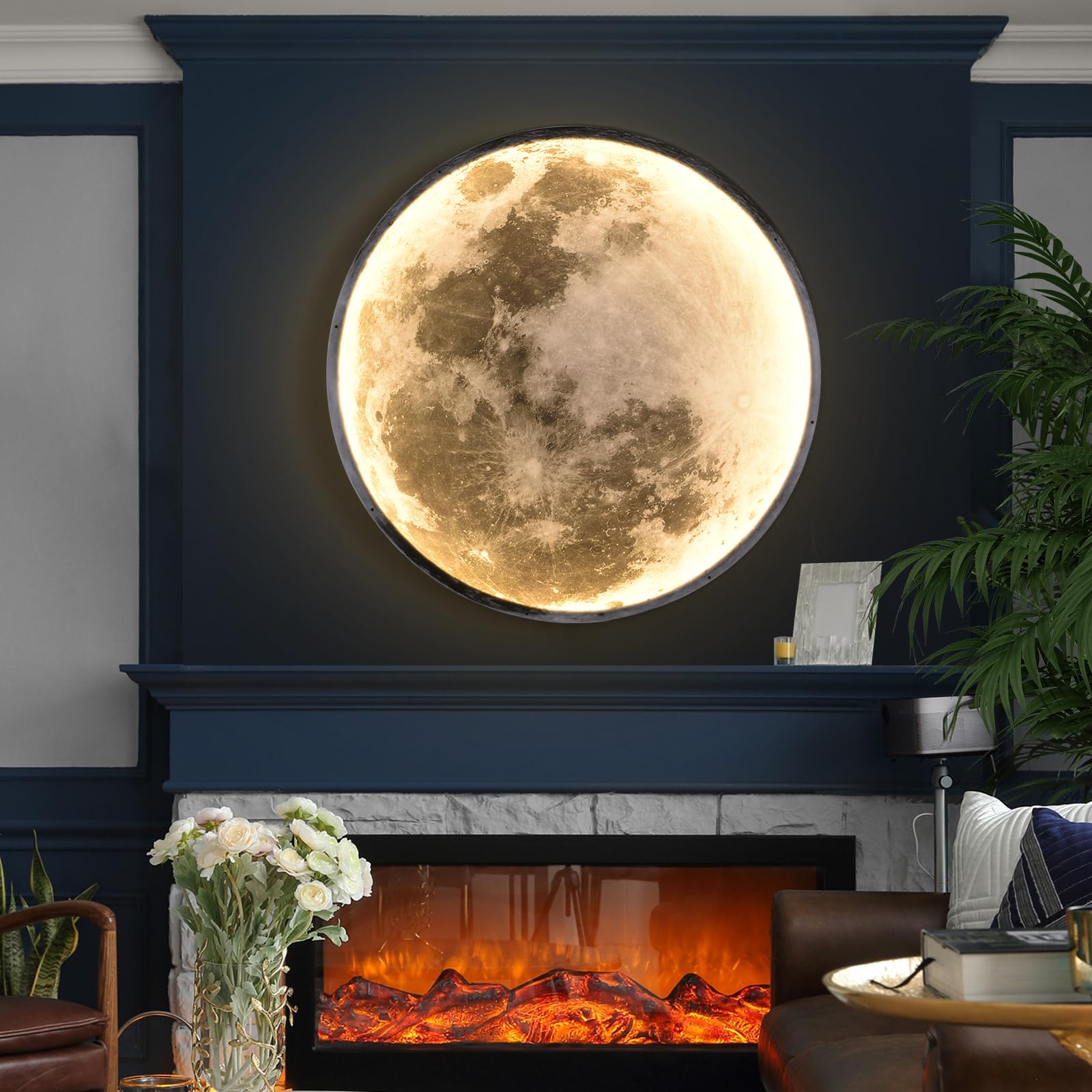 Skylumate Dimmable LED Moon Wall Sconce 31.5" Black Metal Lamp with Remote Control, Model 8002, Indoor Lighting for Living Room/Bedroom