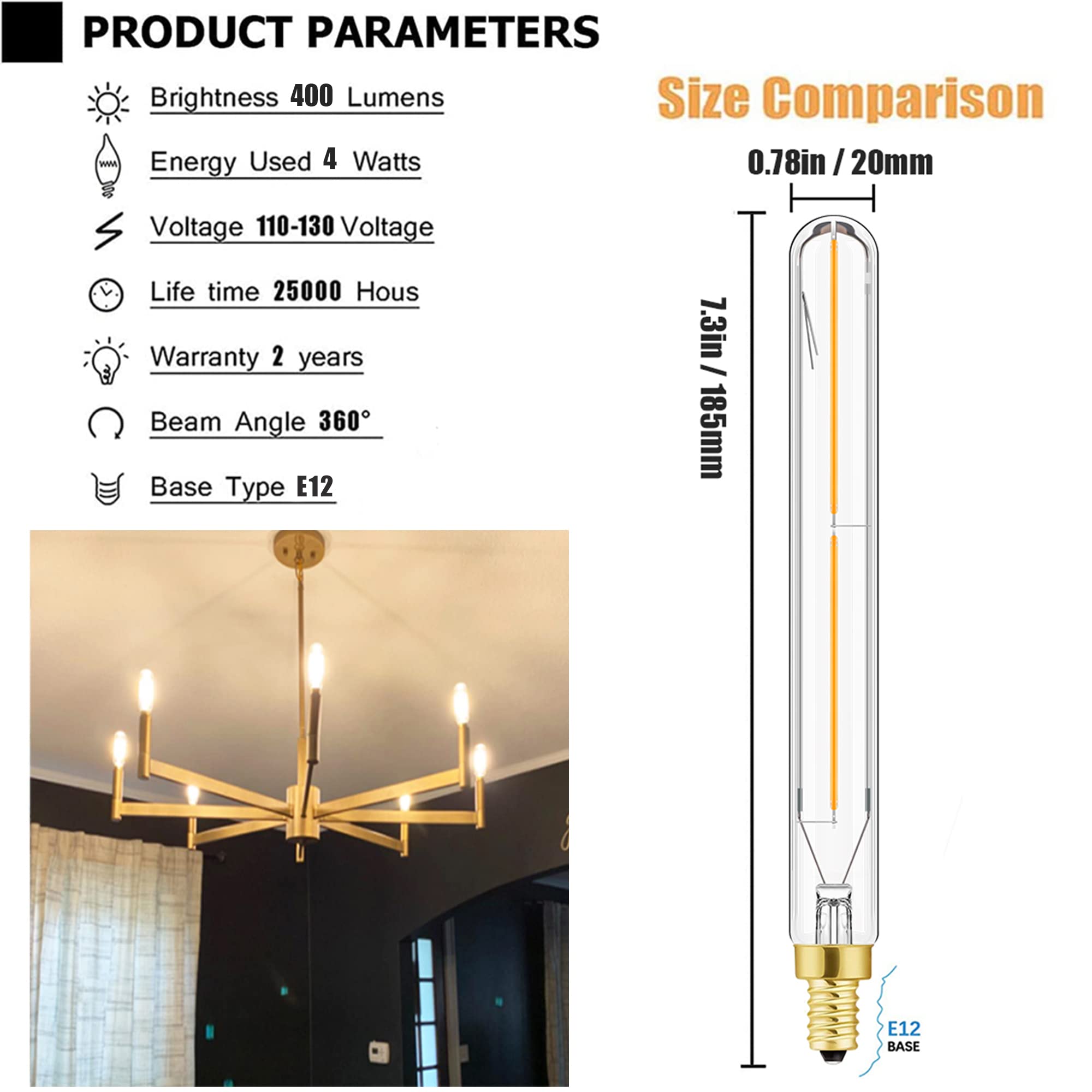 LVYE E12 Long Tubular LED Bulbs, 4W Soft White 3000K, 400lm, 7.3 Inch, Glass, Pack of 6, Vintage Edison Candle