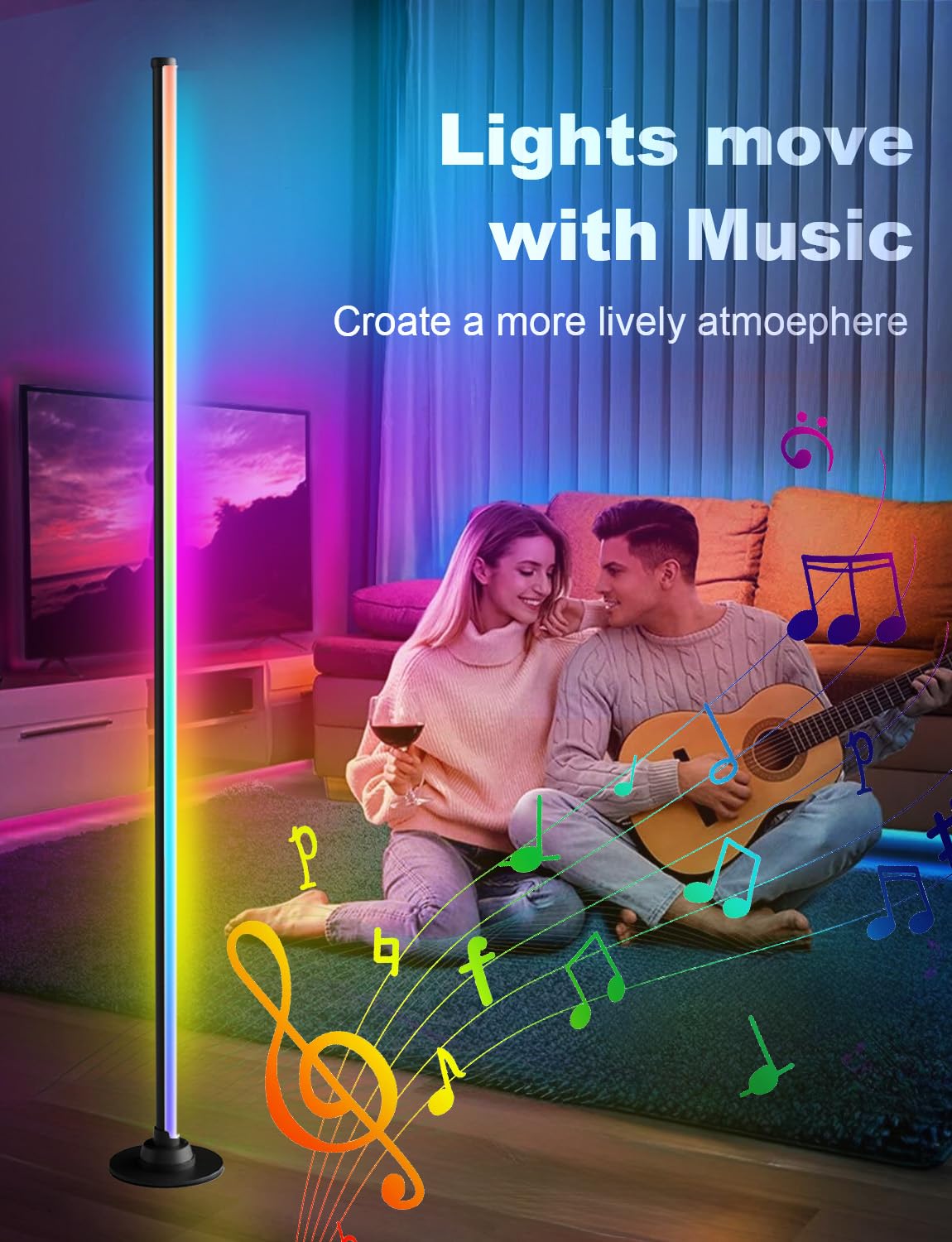 Reifeiniwei RGB Floor Lamp - Smart LED Corner Lamp, 16-Million Colors, Music Sync, App & Remote Control, Metal Black, Model HLXS-110-003