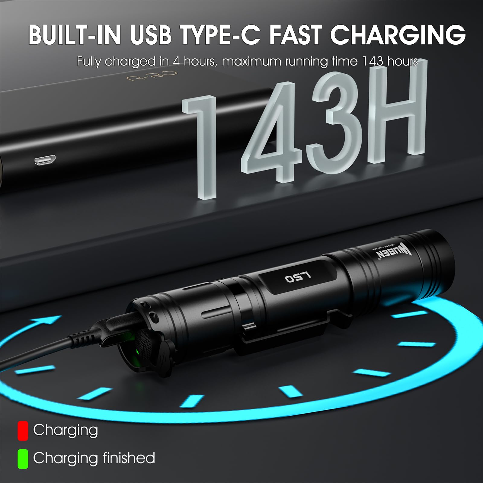 WUBEN L50 Rechargeable Flashlight, 1200 Lumens, 5 Modes, IP68 Waterproof, Black Aluminum, Tactical EDC Light