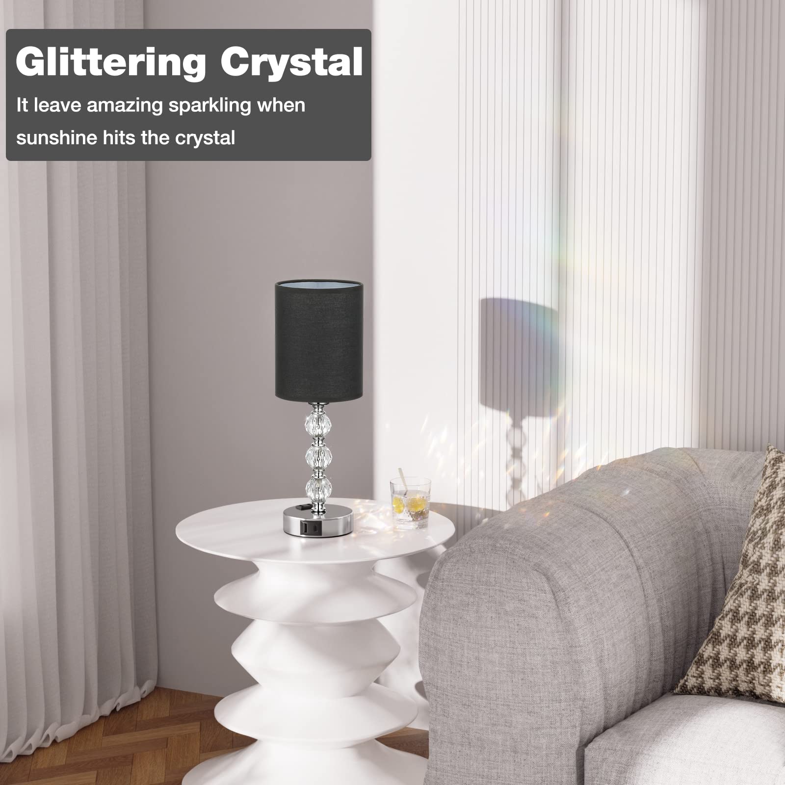 Acaxin Black Touch Bedside Lamp - Crystal Table Lamp with USB C+A Ports, 3-Way Dimmable, 14.6in for Living Room/Bedroom