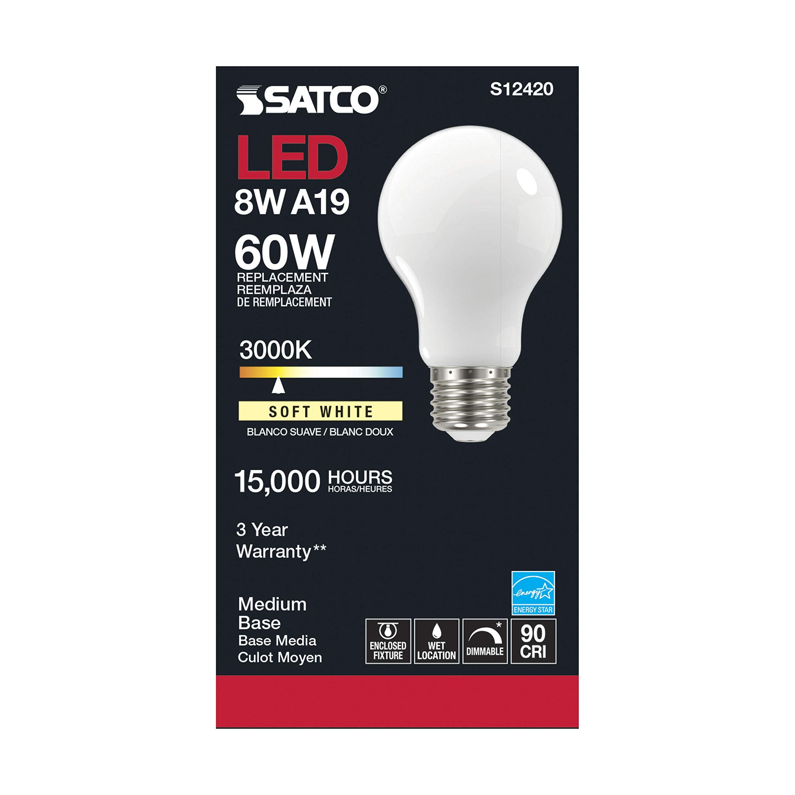 Satco S12420-8.2 Watt Led A19 Soft White Bulbs - 6