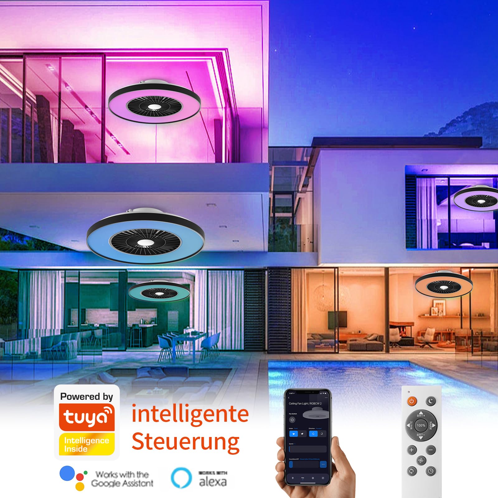 BKZO Smart LED Ceiling Light with Fan, RGB, 60CM, Black, Model 323115-7-RGBCW, Stepless Dimming, Alexa Compatible