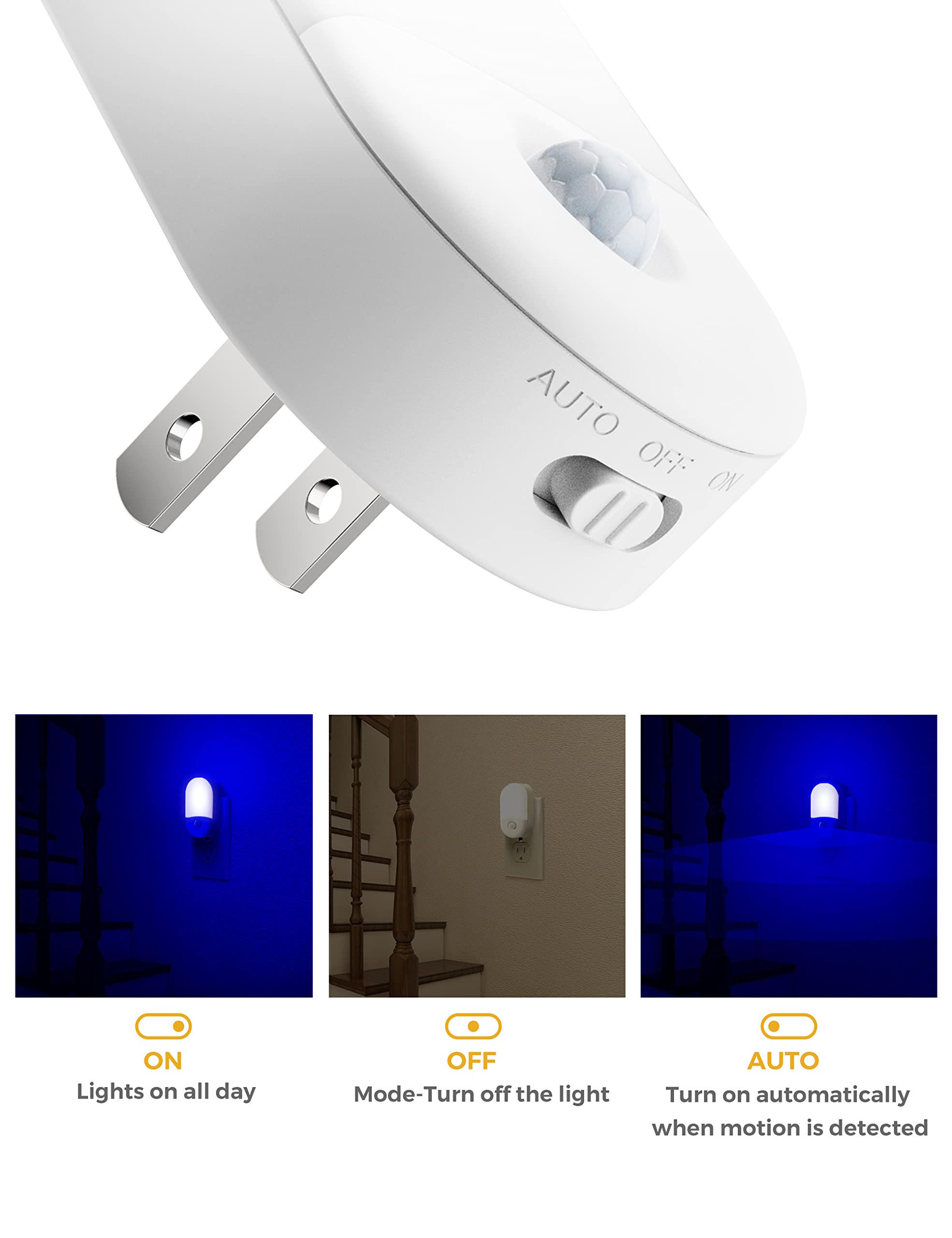 Blue Night Light Plug In, Lohas Motion Sensor Blue Led Night Lights Plug Into Wall, Adjustable Brightness, 0.6W Led Night Lights For Kids, Bathroom, Bedroom, Independence Day Decorations, 2 Pack
