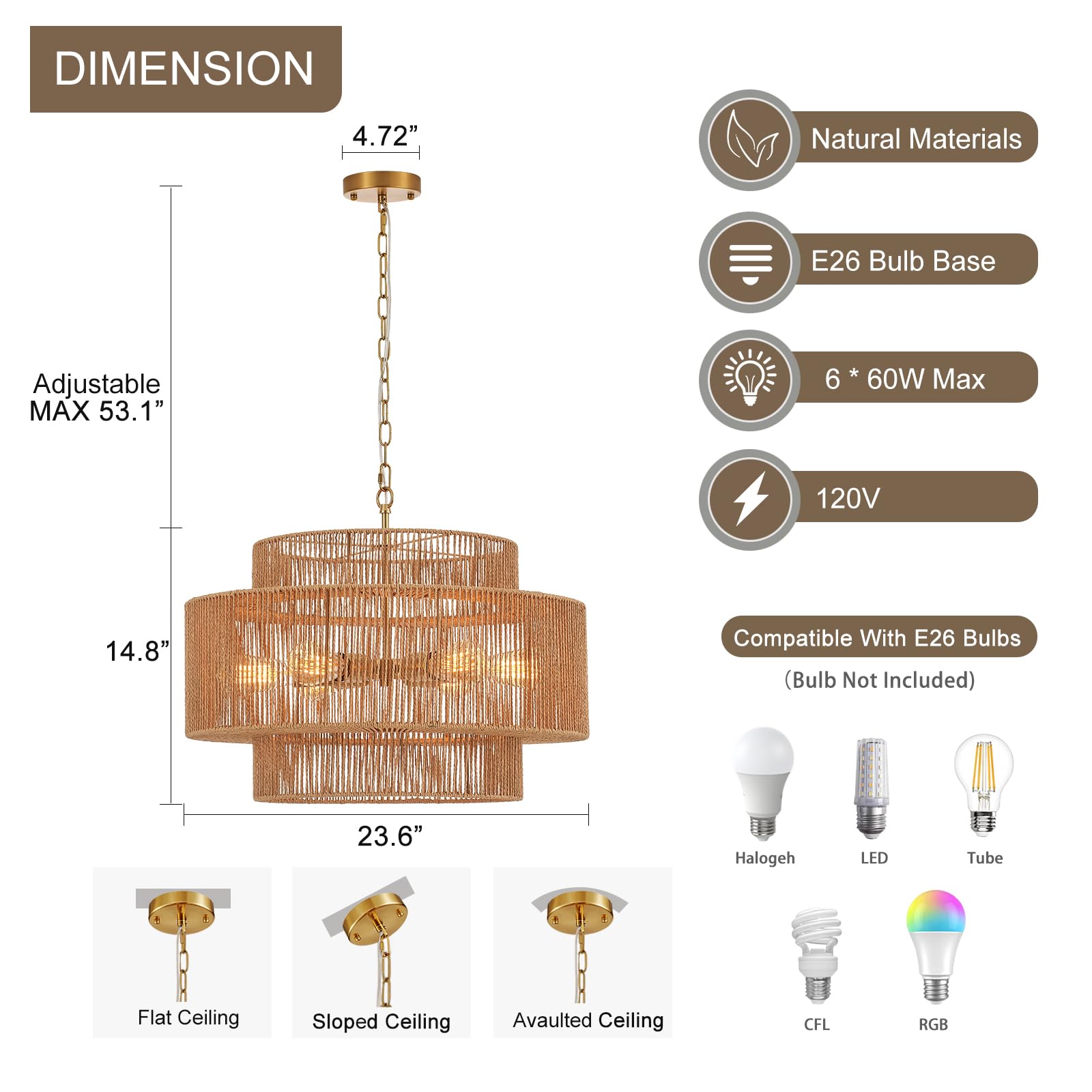 Widluth 23.6" Rattan Chandelier Light Fixture Vintage 6-Lights Boho Hand-Woven Bamboo Chandelier Retro Farmhouse 3-Tier Drum Wicker Rattan Golden Chandelier For Dining Room, Kitchen, Living Room