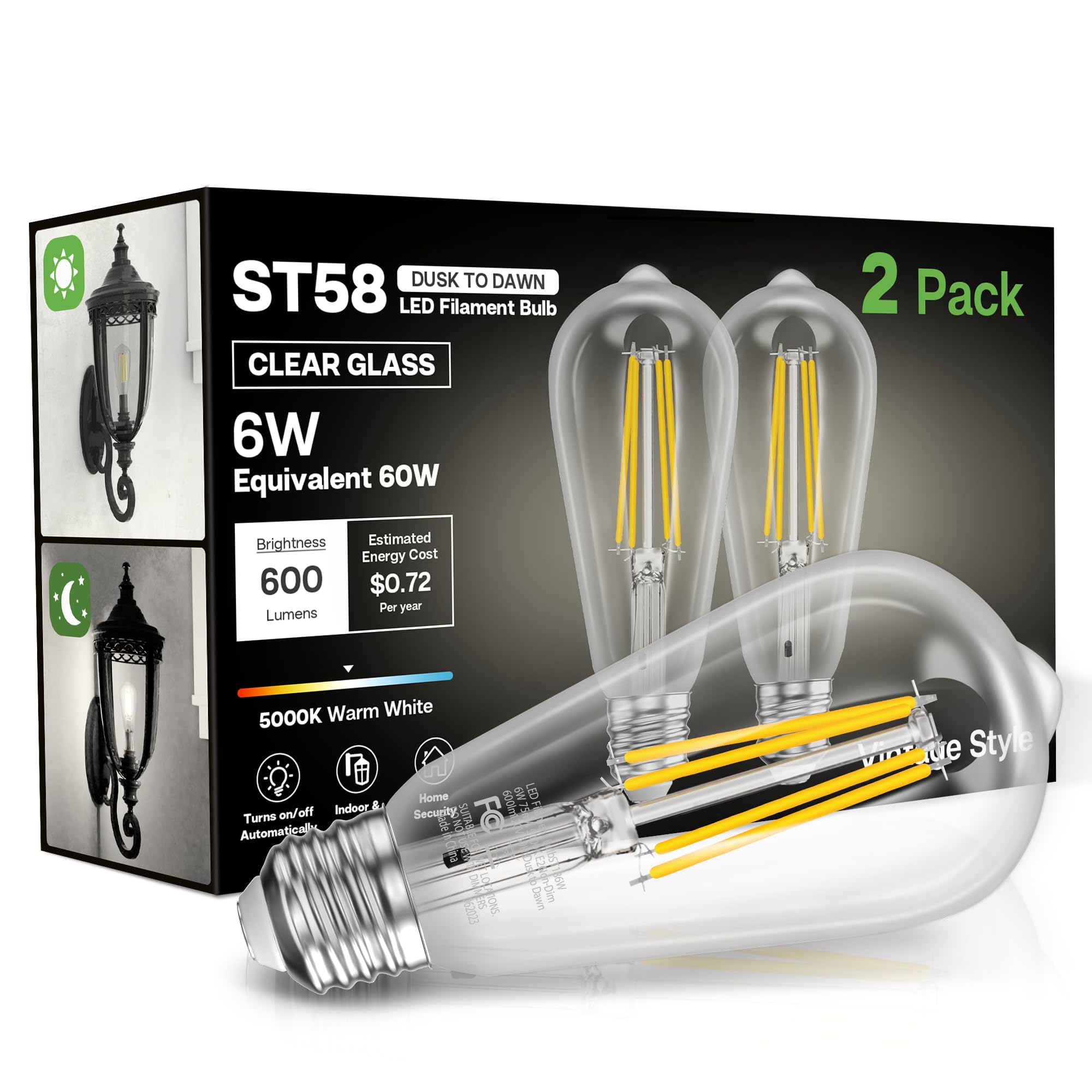 Eastiya Dusk to Dawn Light Bulbs, 6W Equivalent, 5000K Cool White, ST58 Vintage Style, 600LM, E26 Base, 2 Pack