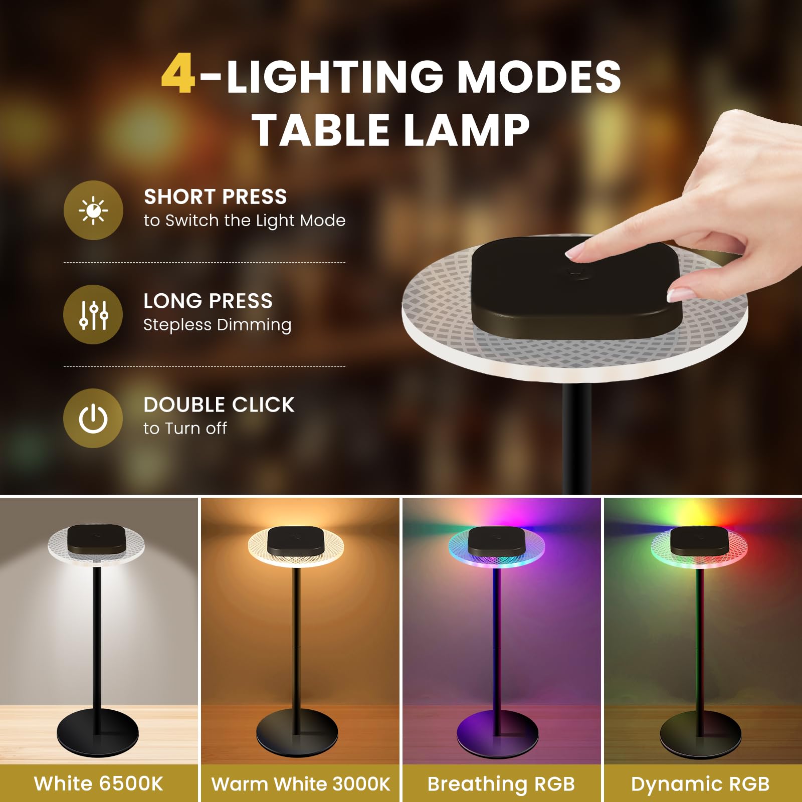 LOFTEK Cordless Table Lamps Set of 2, Rechargeable, 55 Hrs Battery Life, Touch Dimming, Portable, Black, Model CL-TD03