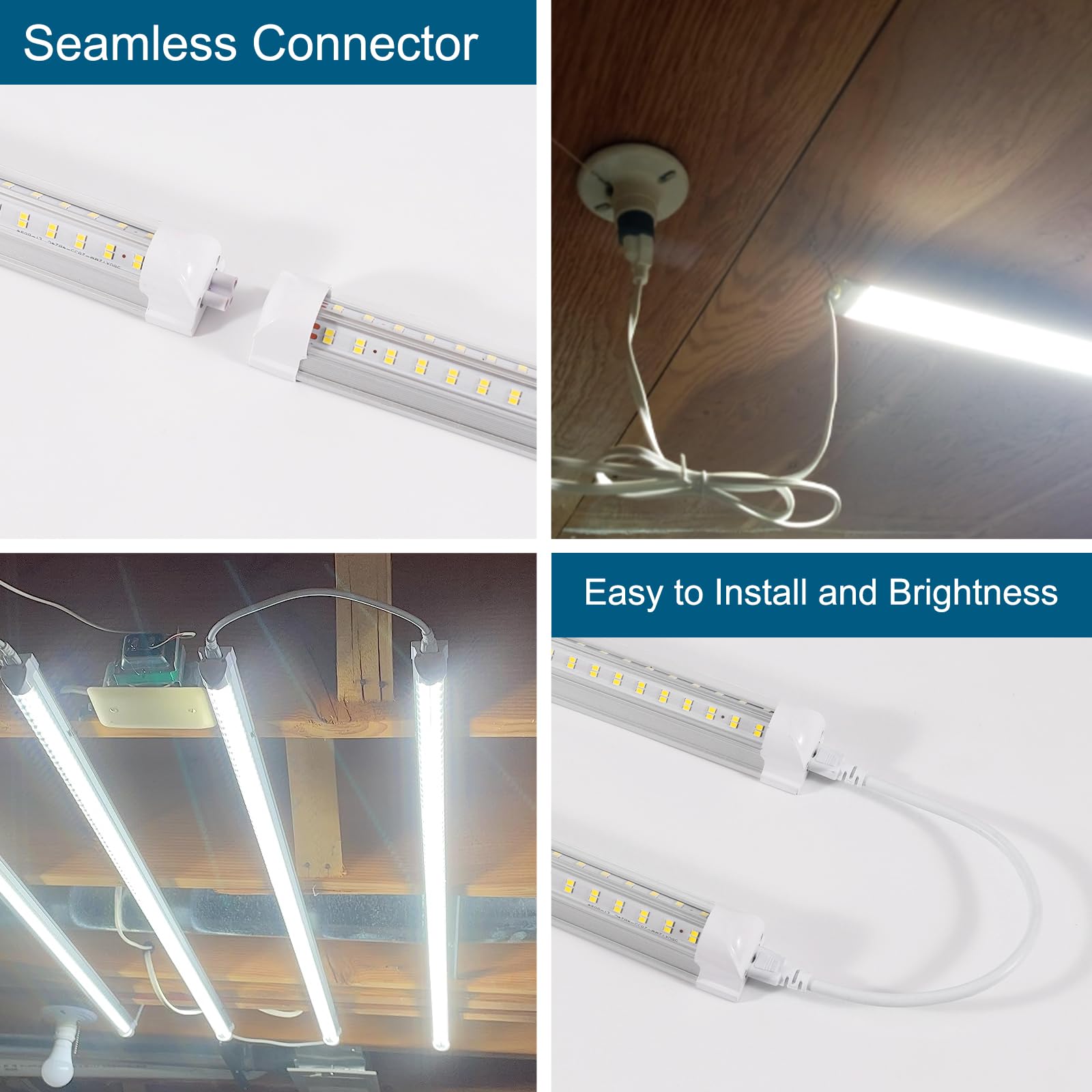 AQIQUUT LED Shop Lights, 4FT 50W V-Shape, 6500K Clear White, Linkable, 8-Pack