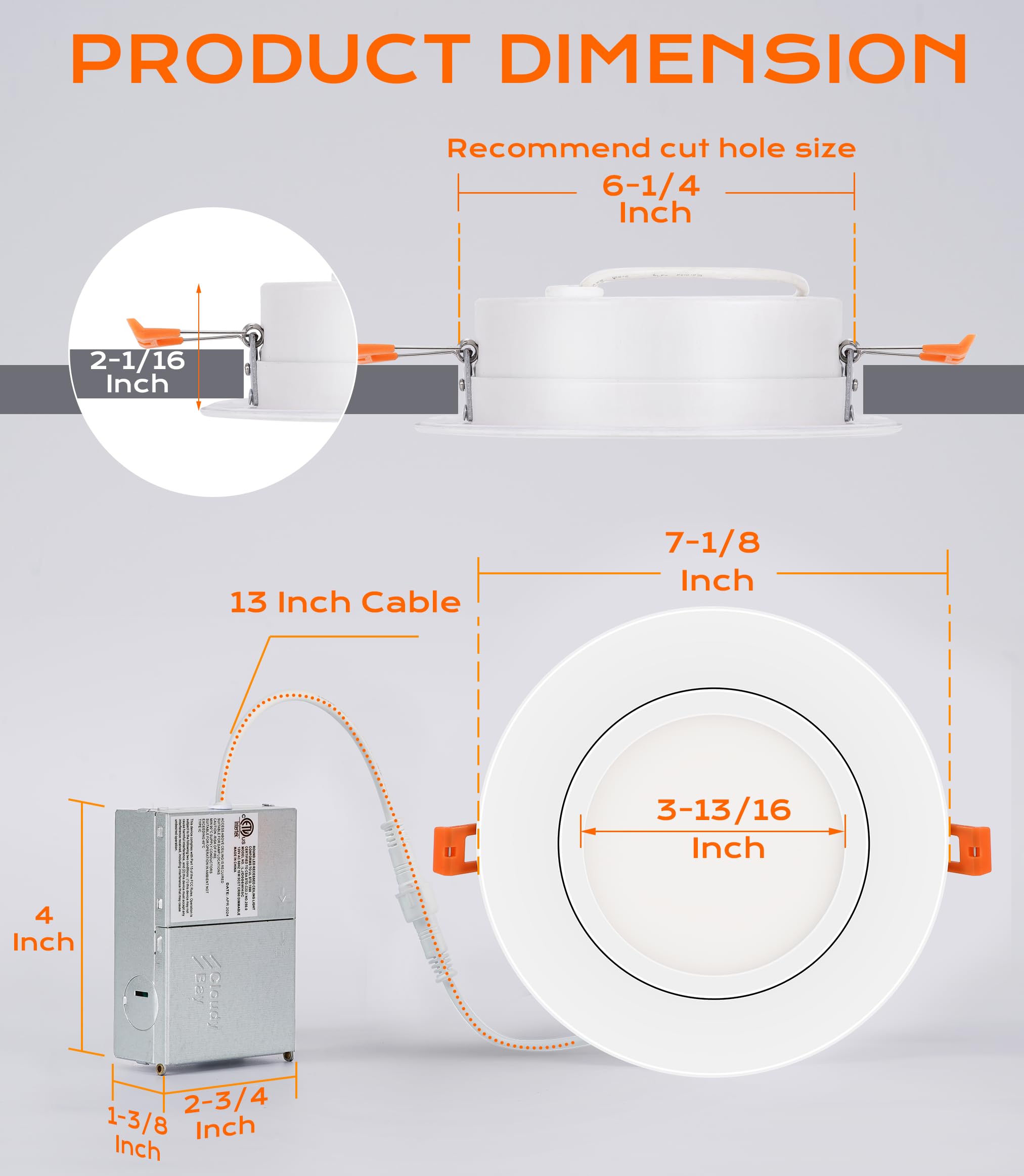 CLOUDY BAY 15W 6" LED Gimbal Recessed Light, 5 Color Temperature Selectable, IC Rated, Metal, Pack of 4