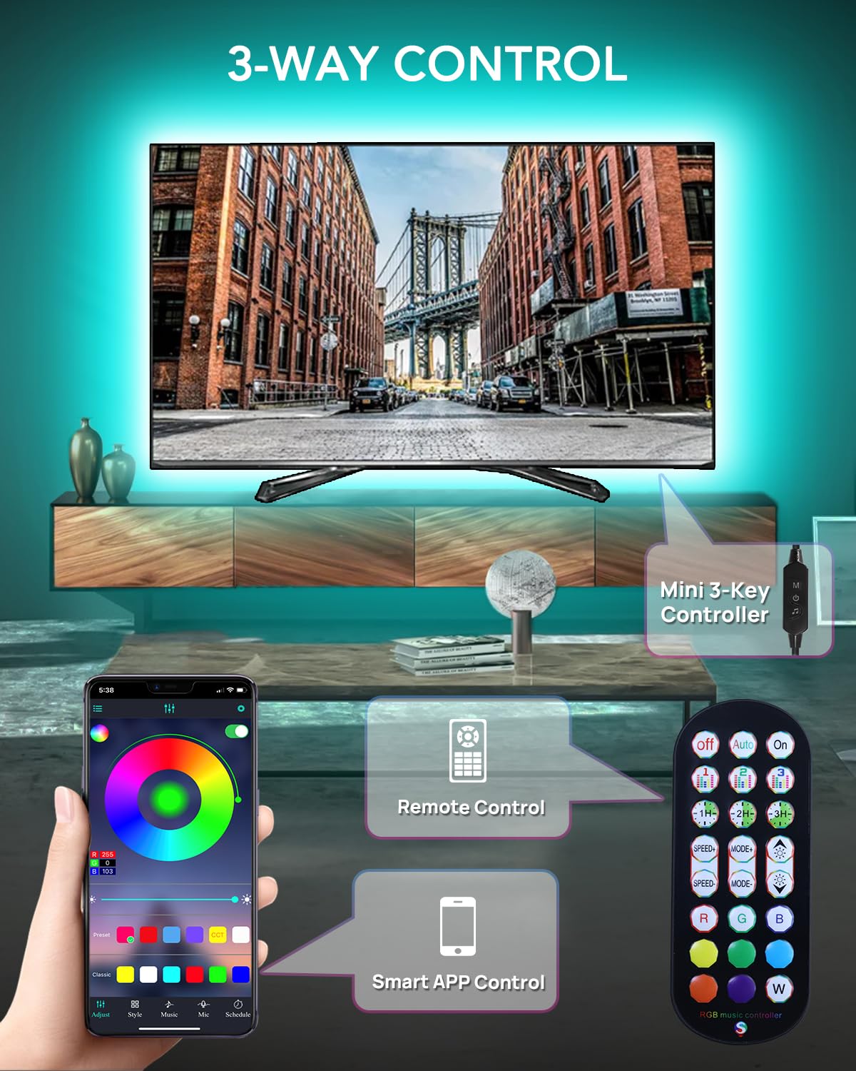 Maticod Led Lights For Tv, 13.1Ft Tv Led Backlight For 32-43 Inch, Bluetooth App Remote Control Music Sync Light Strip Lights Fo