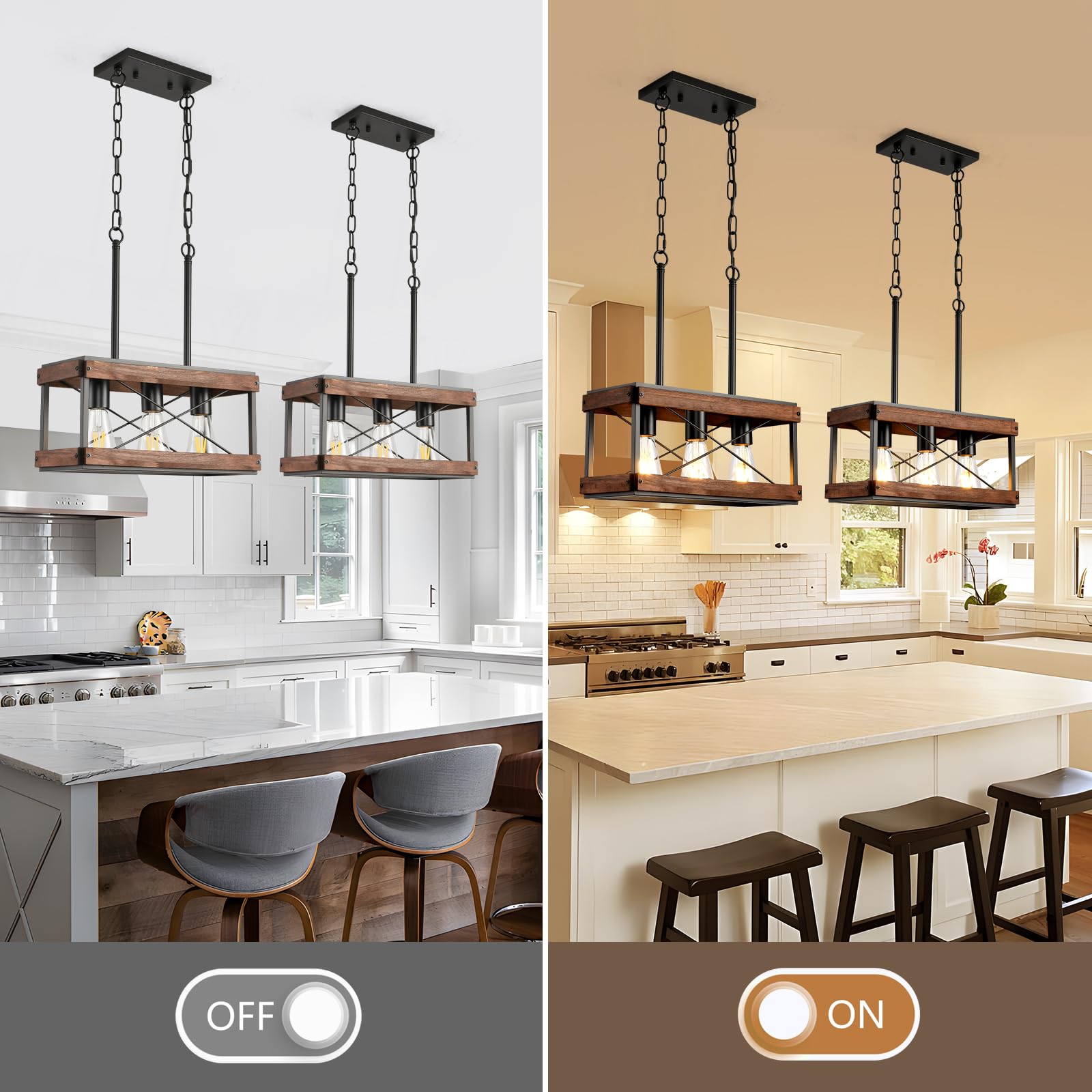 Hoxiya Farmhouse Kitchen Island Light  3 Lights Pendant Lighting Fixture  Rustic Wood Chandelier  Adjustable Height Metal Linear Light For Dining Room Kitchen Bar Pool Table.