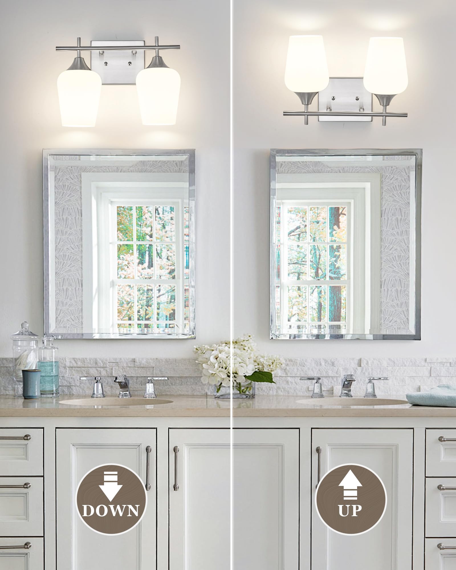 Osimir 2-Light Bathroom Light Fixture, Brushed Nickel, Frosted Glass, Model OS-YQ9167-2BNW, 15 Inch Vanity Wall Sconce