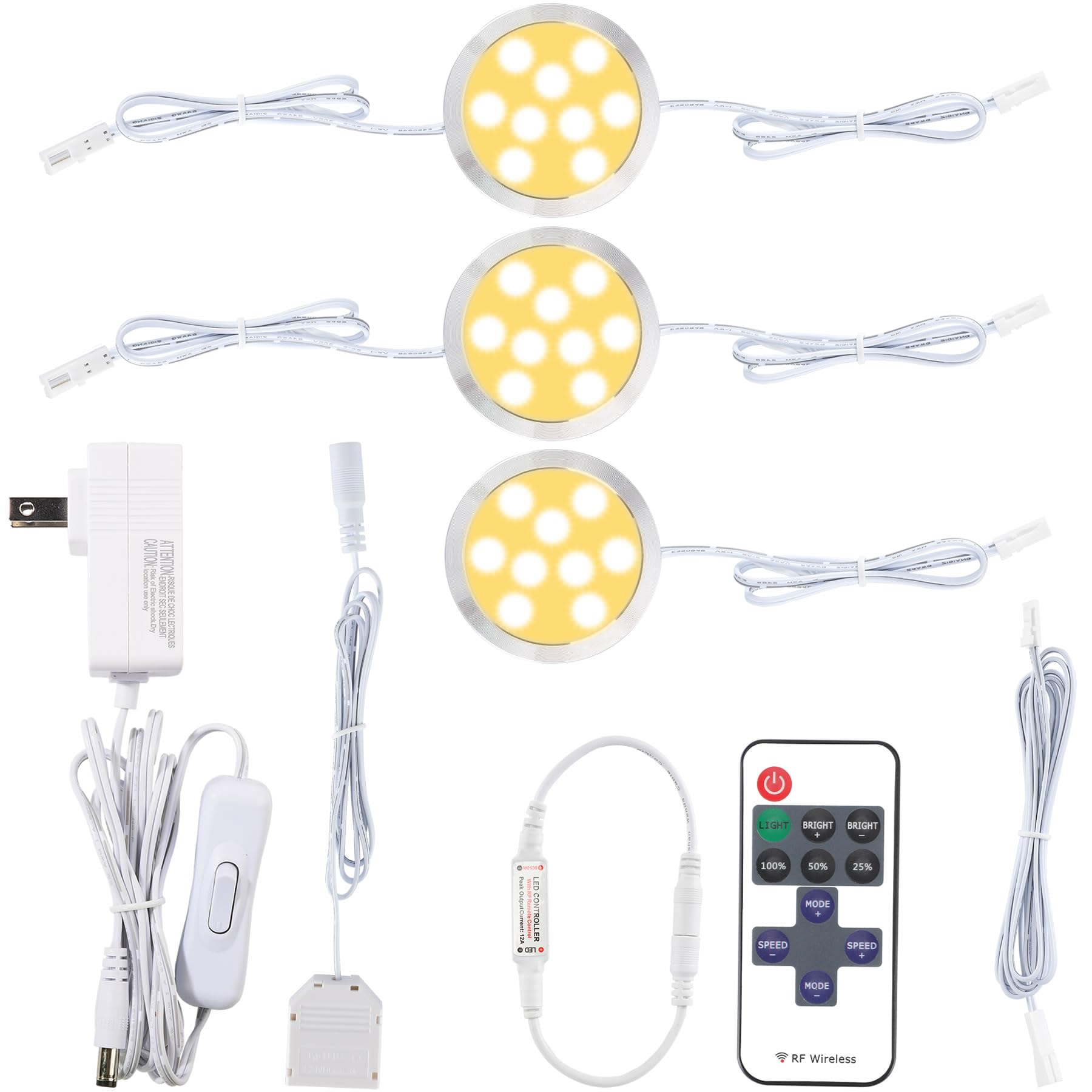 Meigour Linkable LED Puck Light Kit, Wireless Remote Control Dimmable Under and Over Cabinet Lights, 120 Volt Wall Plug-in Elect