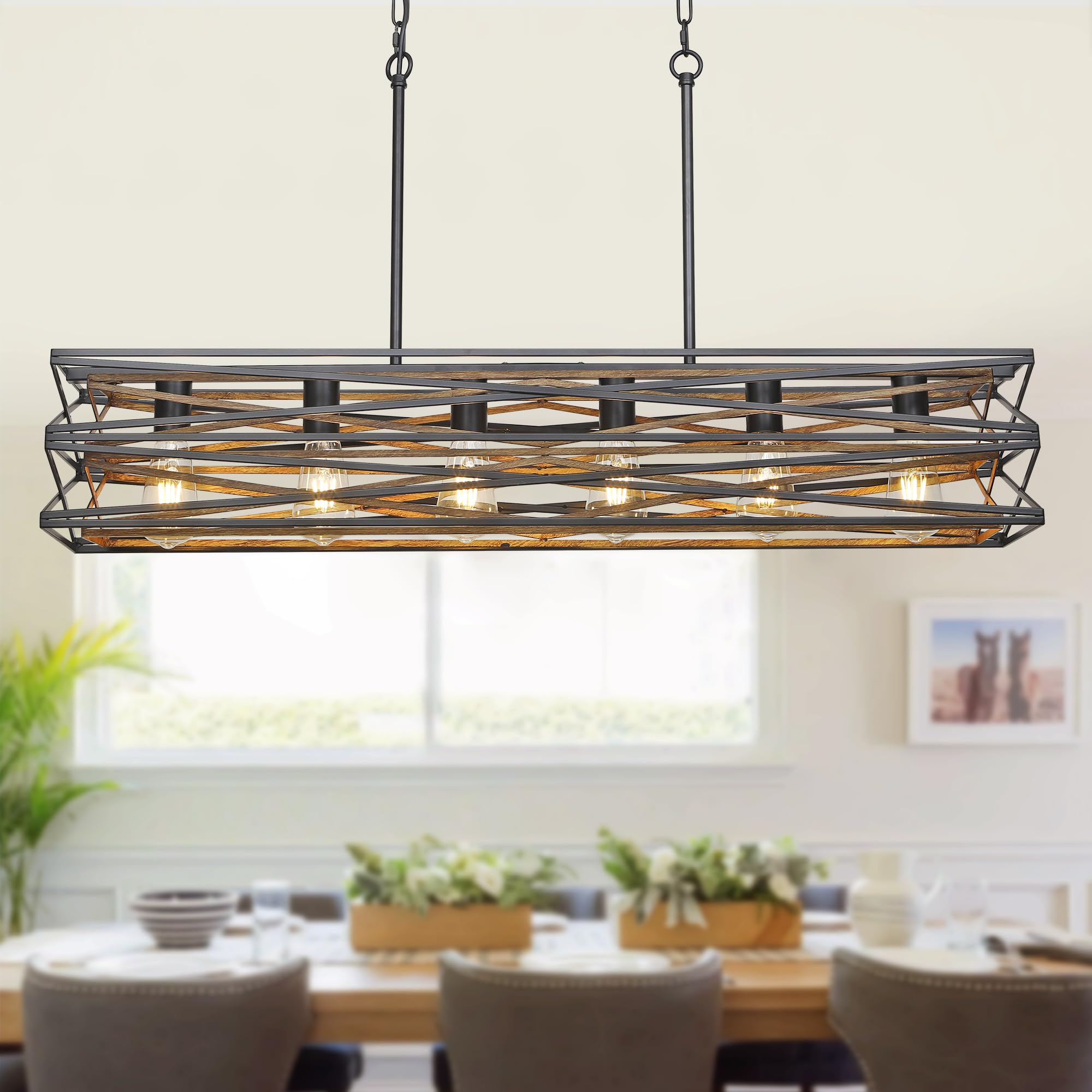 40Large Farmhouse Rectangular Chandeliers for Dining Room 6-Light Black Matte Dining Light Fixture Modern Industrial Pendant Lights Kitchen Island Linear Chandelier with Retro Wood Texture Interior