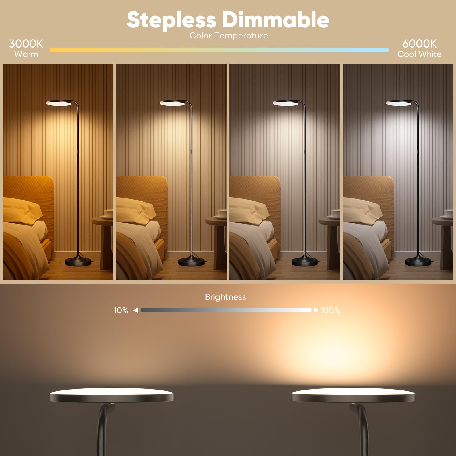 SIBRILLE 36W LED Floor Lamp, Modern Stepless Dimmable Torchiere with Remote, 350° Rotating Head, Black, Model MF30012R