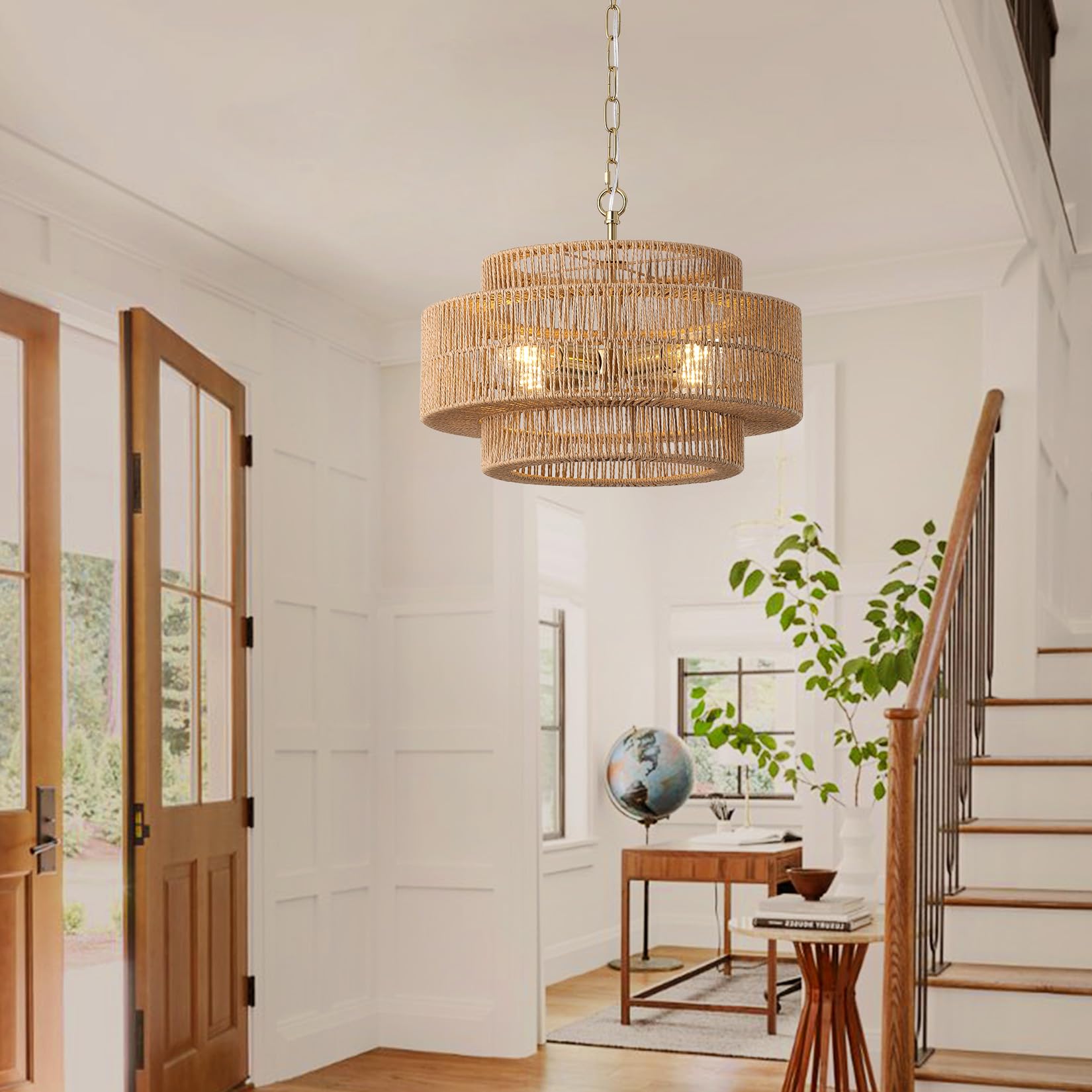 Giutna 17.7''Large Boho Rattan Farmhouse Chandeliers For Dining Room,4-Light Rattan Hand-Woven Rustic Drum Chandelier Pendant Li