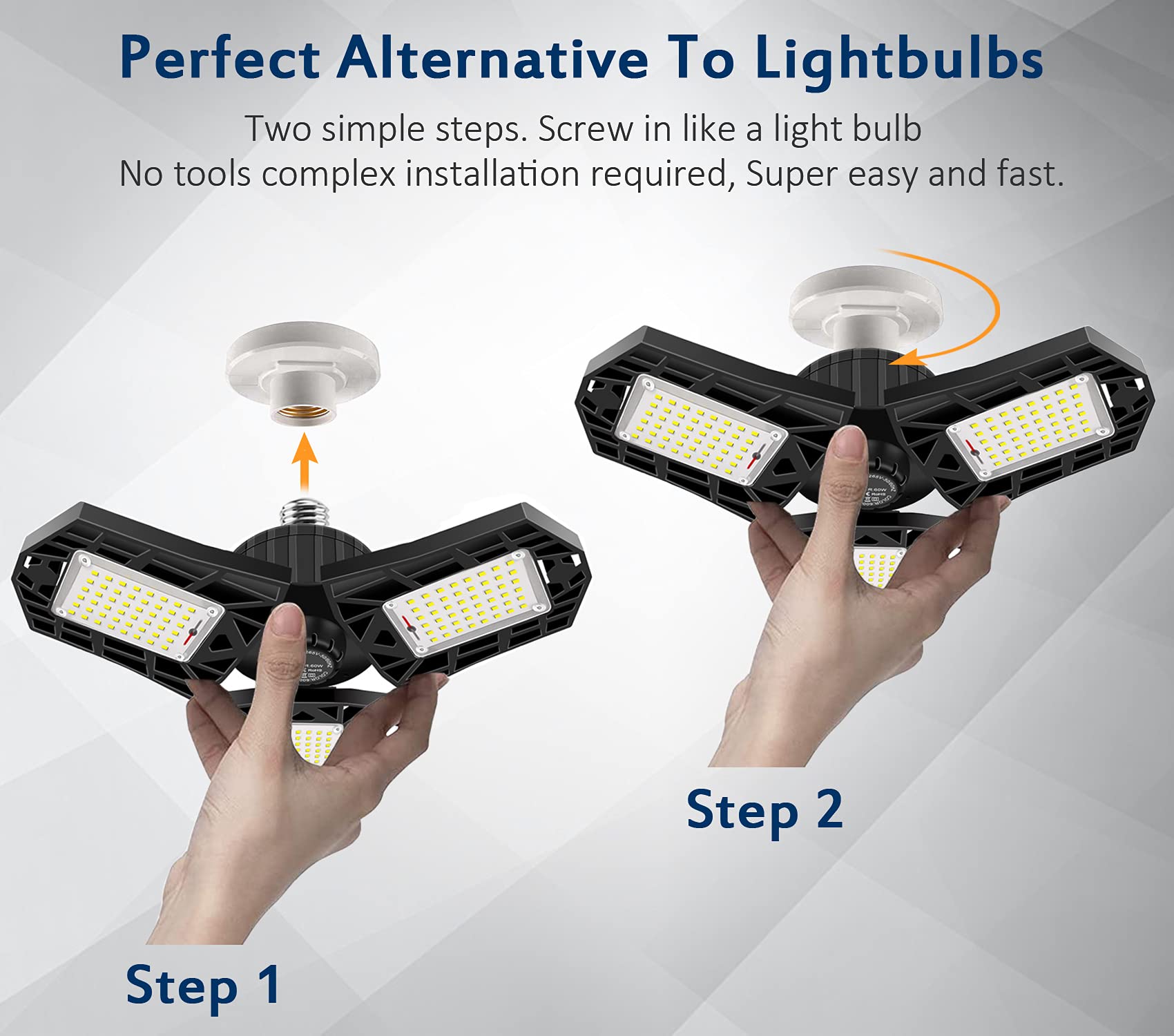 GHUSTAR LED Garage Light 60W - 6000LM 6500K Deformable Ceiling Lights, 3 Panels, 2 Pack, Plastic