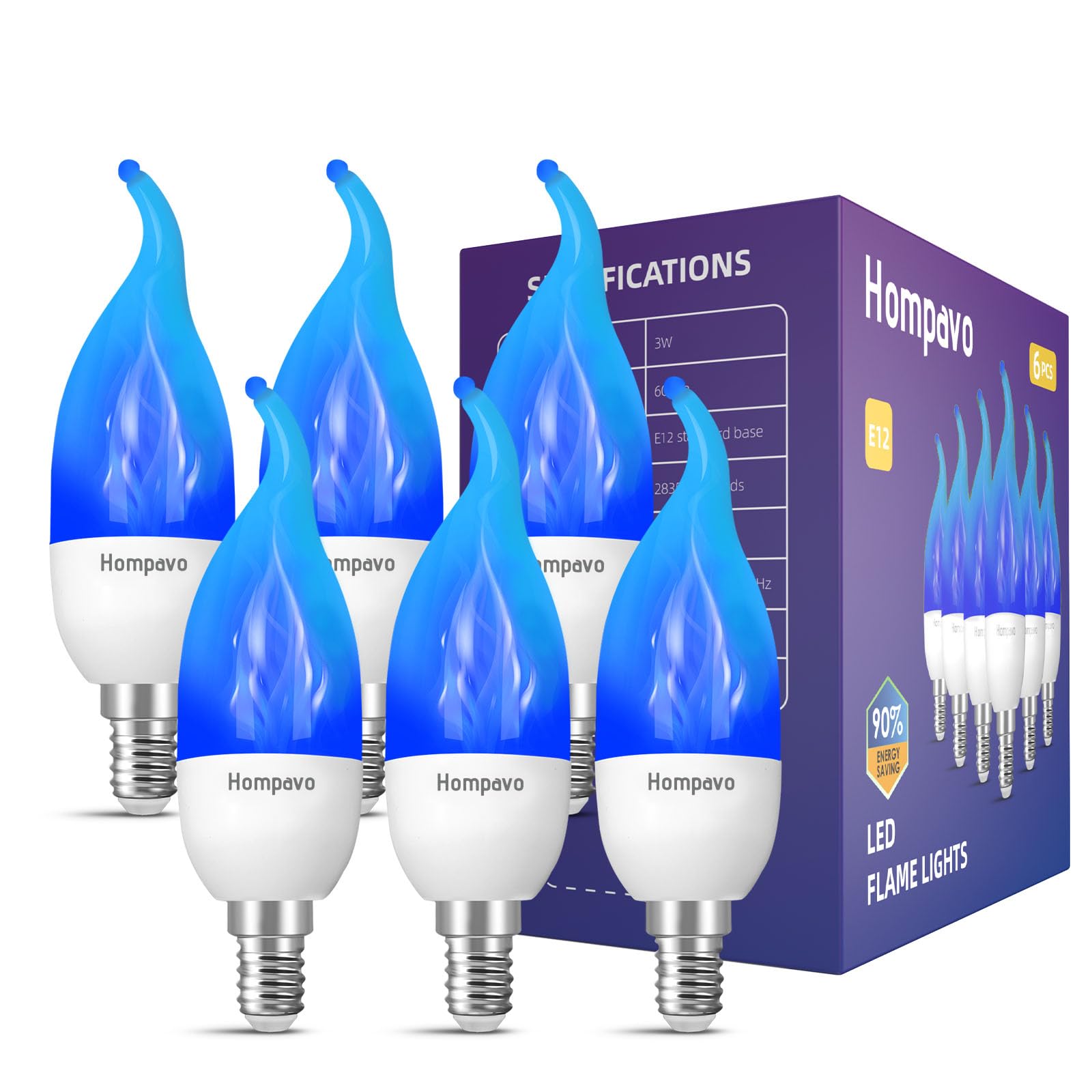 Hompavo ?Upgraded LED Flame Light Bulbs, 3 Modes Flickering Light Bulbs, E12 Chandelier Base Candle Fire Light Bulb for Halloween Christmas Party Porch Indoor & Outdoor Home Decoration, Blue 6 Pack