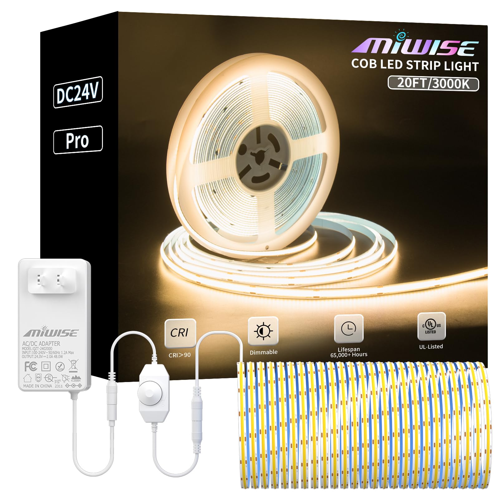Miwise Cob Led Strip Light 20Ft/6.1M,Cri 90+ Warm White 3000K High Lumen Dimmable Super Bright Flexible Dc24V Led Tape Light With Controller/Dimmer,For Cabinet Home Office Diy Lighting Projects