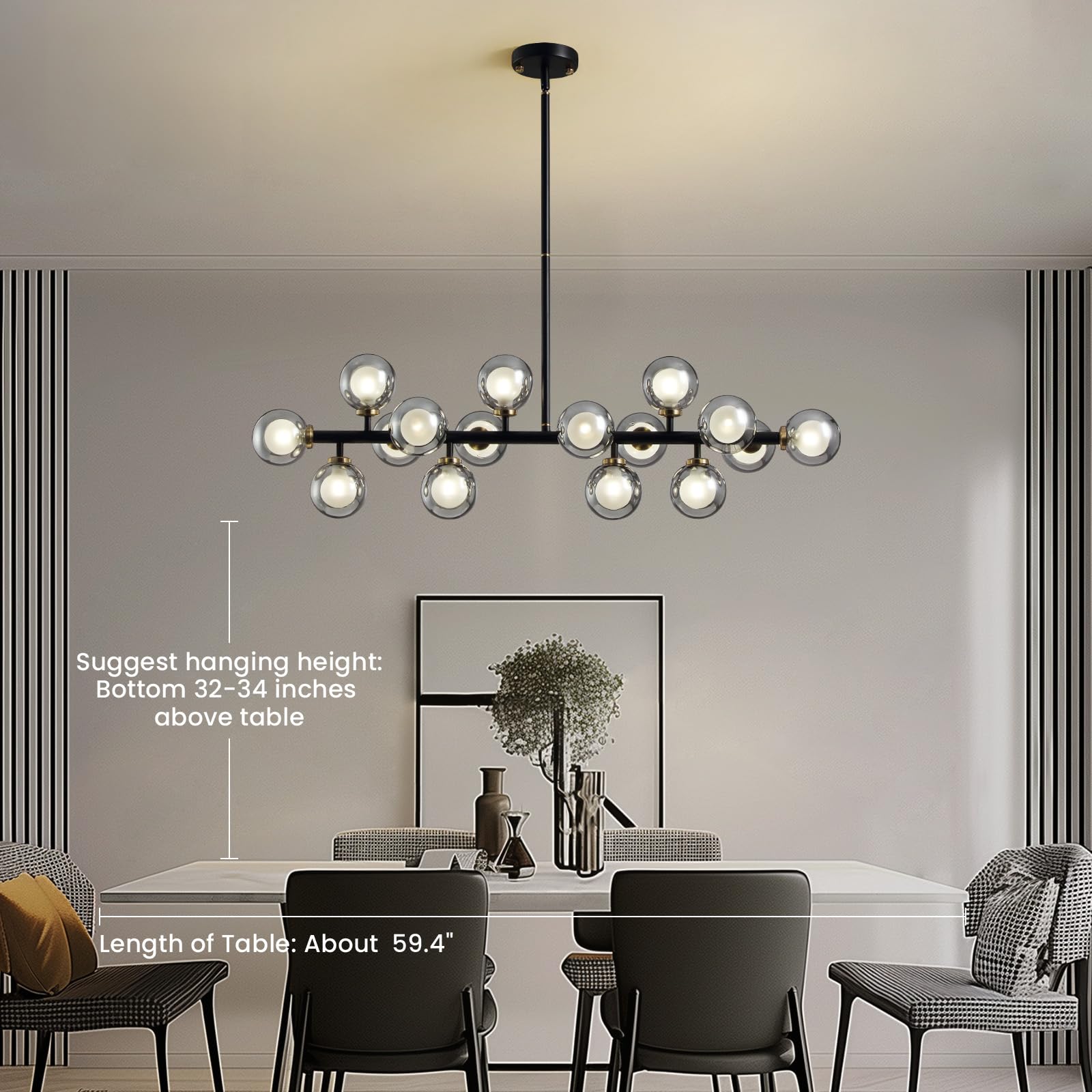 Crossio Modern Black 16-Light Glass Globe Chandelier Pendant Light For Dining Room Kitchen