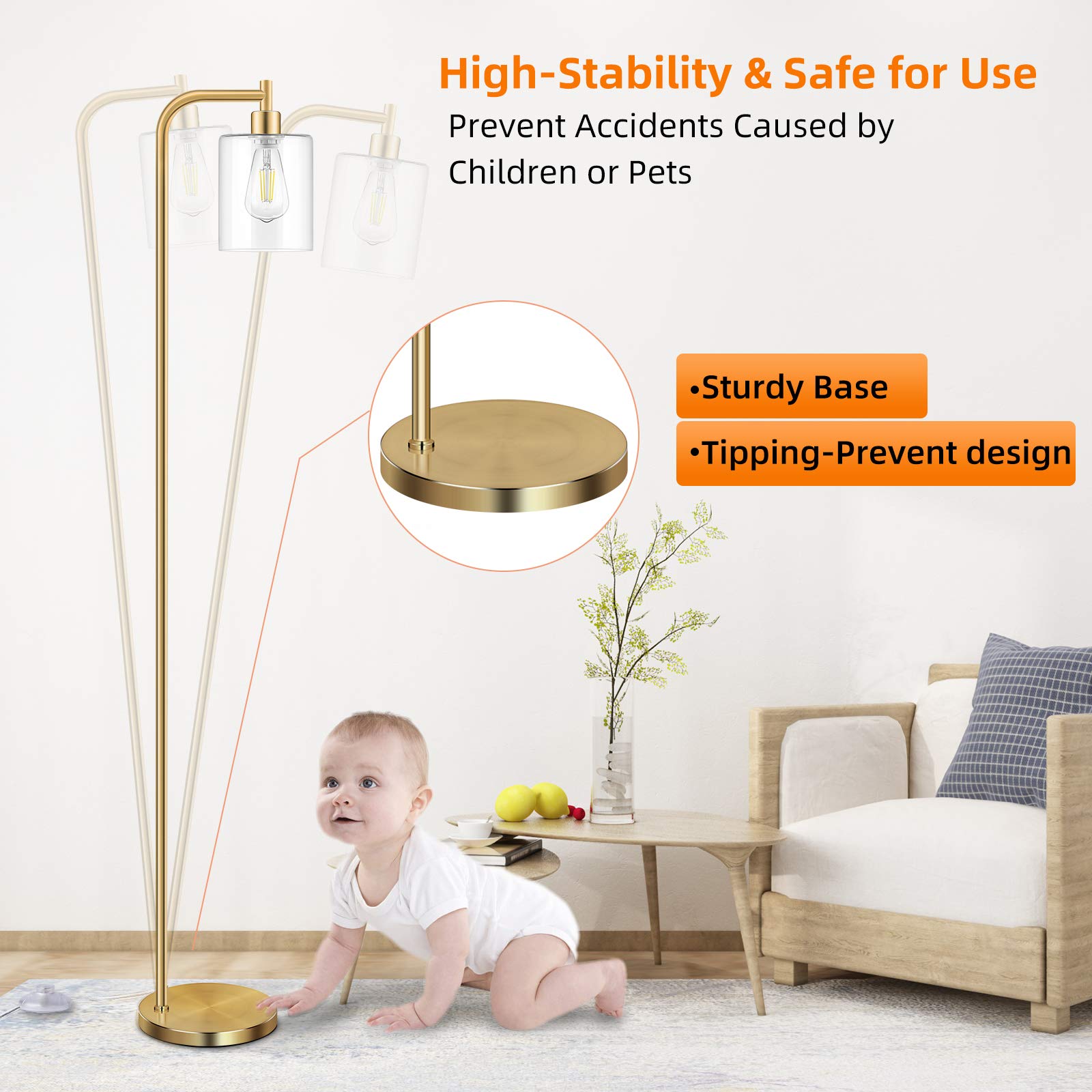 Bosceos Industrial Floor Lamp - Brass Gold, Metal, E26 Base, Vintage Rustic, Model JF19108A.GD.C12, ST64 Bulb Included