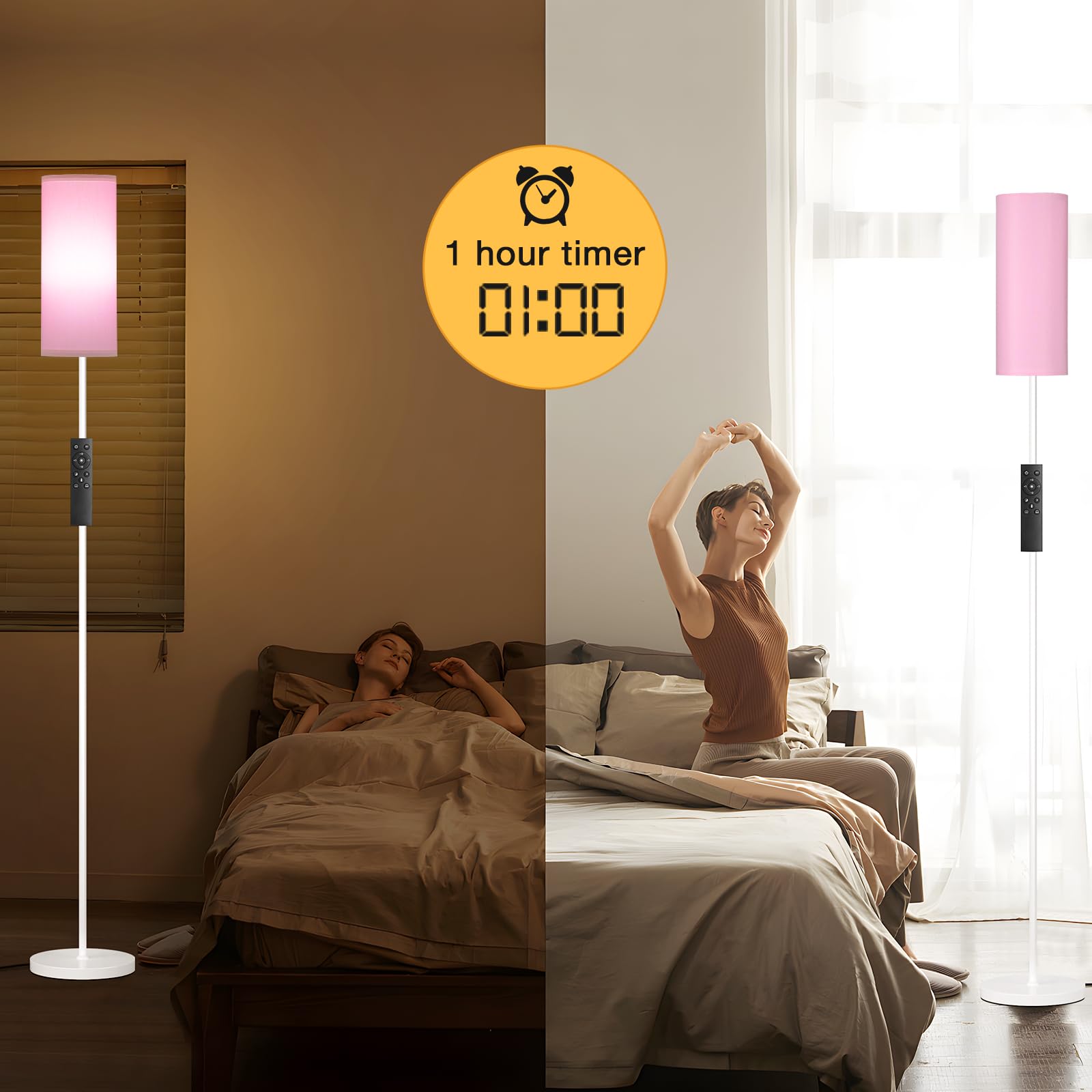 Ambimall Floor Lamp with Remote Control, Dimmable Brightness, 64.57in Metal, Pink & White, Model RPT-ZGB50513
